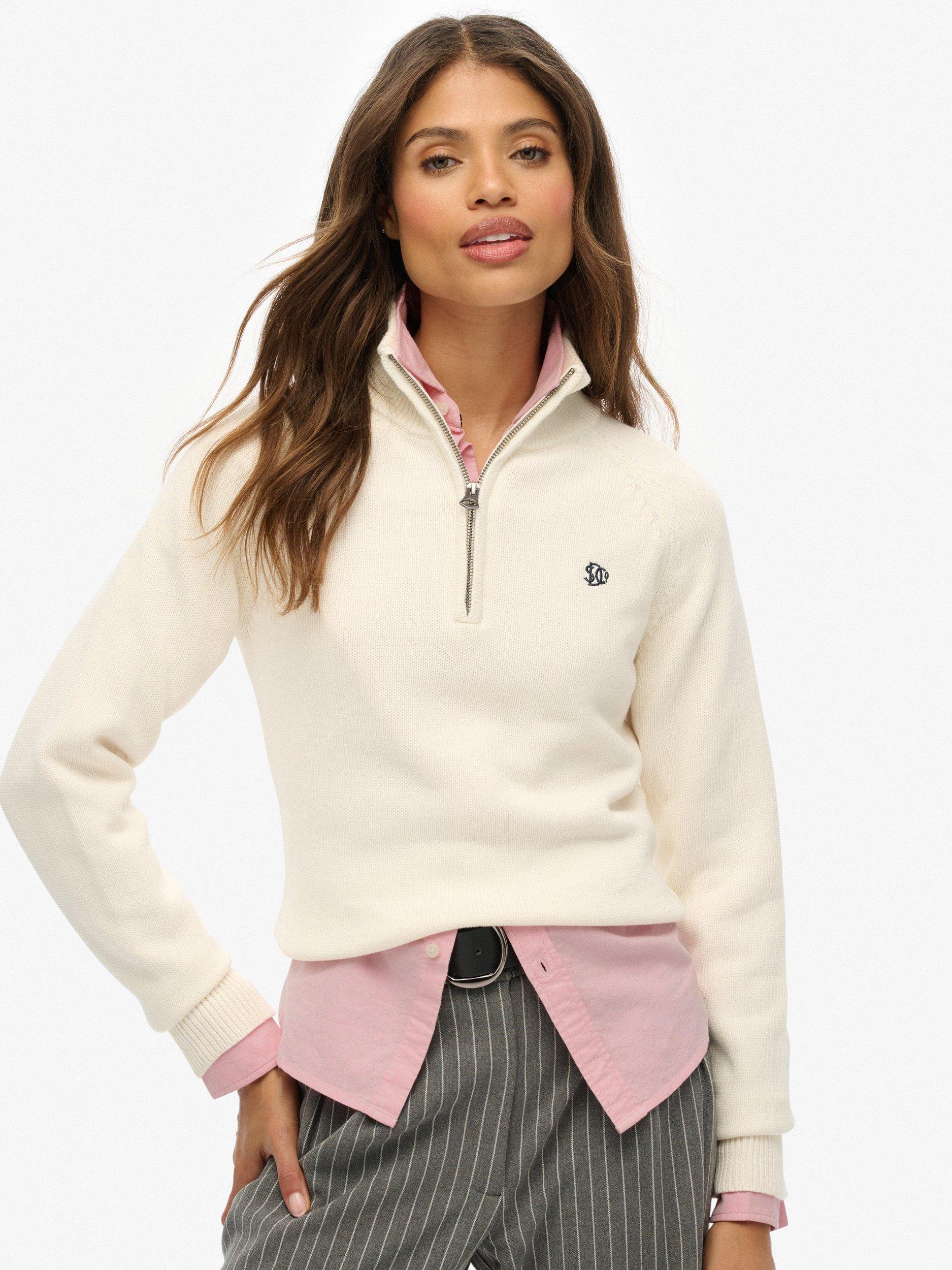 Product image 1 of 5, which shows Superdry Organic Cotton Essentials Slim Half Zip Knit Jumper, Ecru, 10