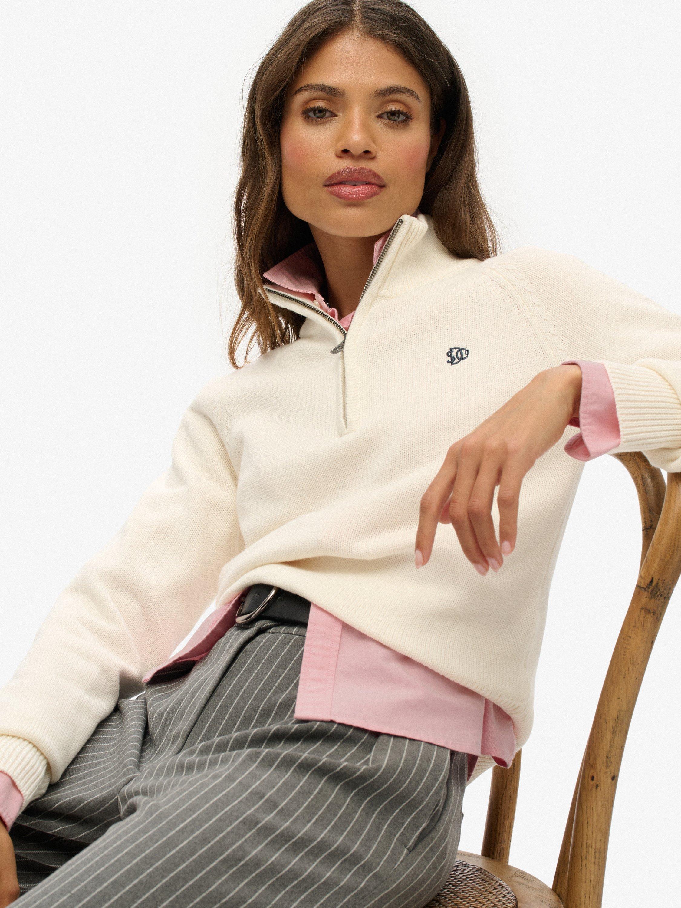 Product image 4 of 5, which shows Superdry Organic Cotton Essentials Slim Half Zip Knit Jumper, Ecru, 10