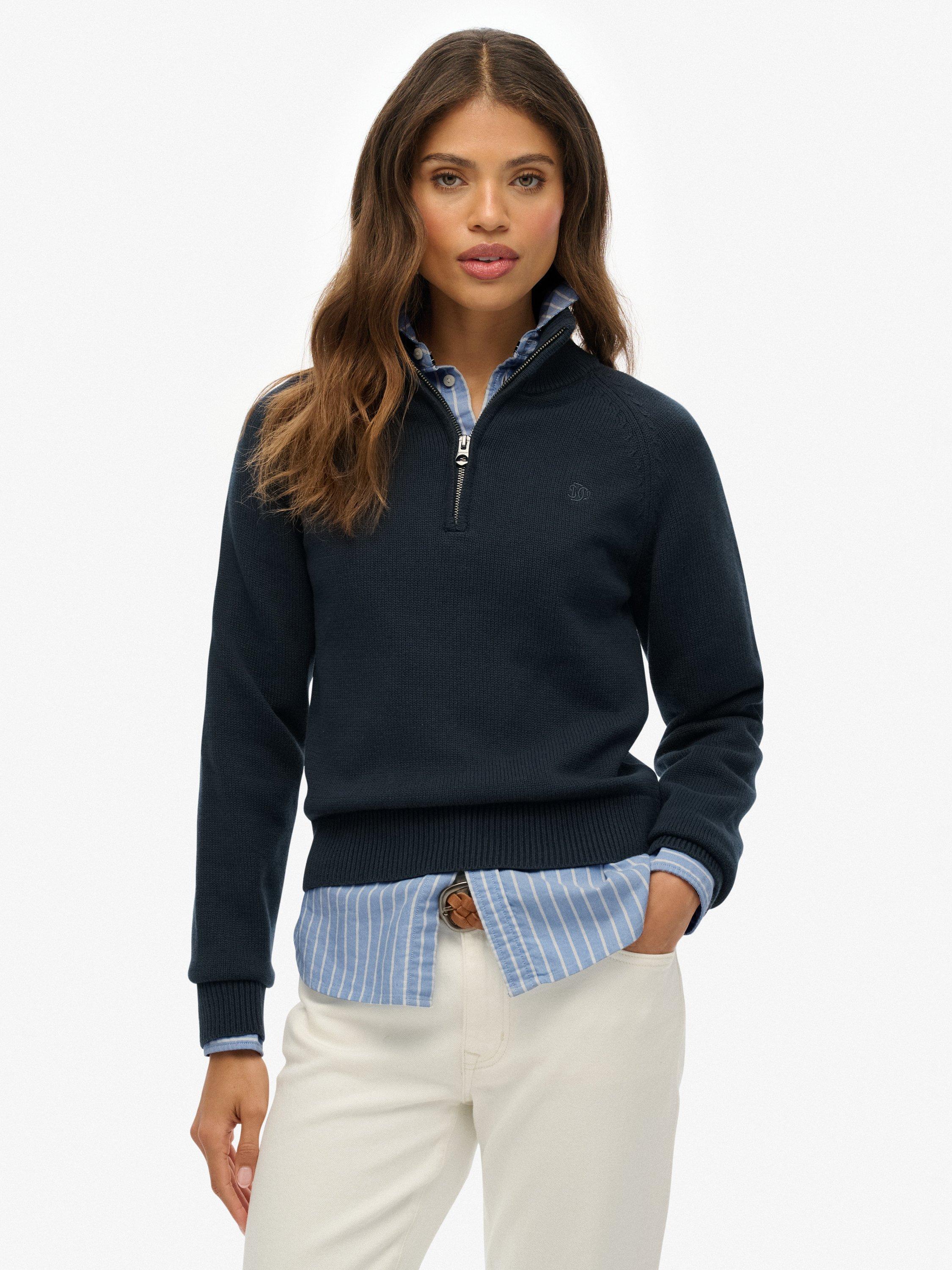 Product image 1 of 5, which shows Superdry Organic Cotton Essentials Slim Half Zip Knit Jumper, Eclipse Navy, 8