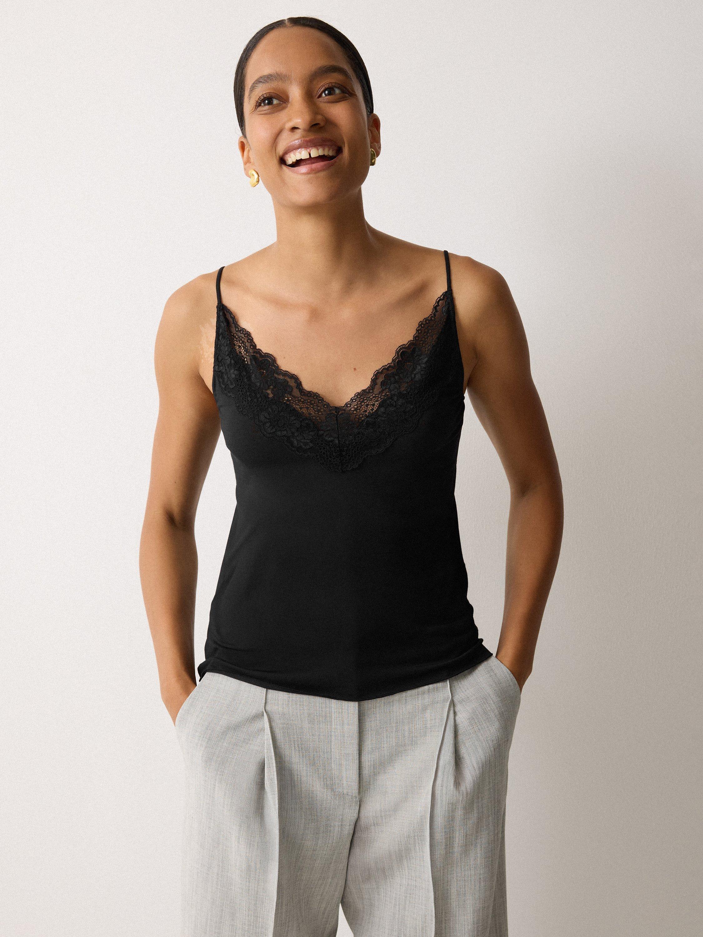 Product image 1 of 5, which shows Jigsaw Modal Lace Trim V-Neck Vest, Black, XS