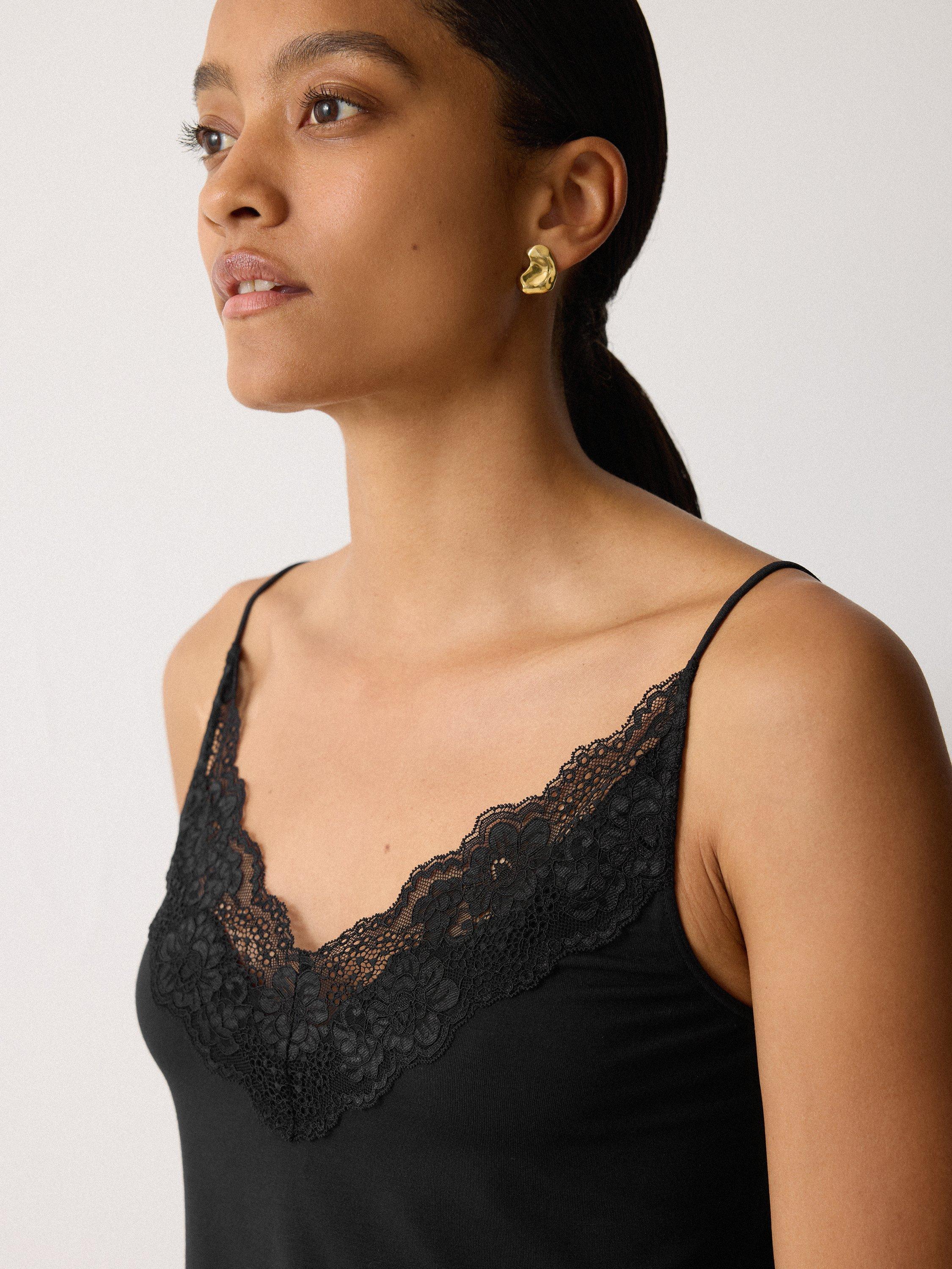 Product image 3 of 5, which shows Jigsaw Modal Lace Trim V-Neck Vest, Black, XS