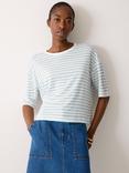 Jigsaw Satin Trim Stripe Pure Linen T-Shirt, Blue/Multi