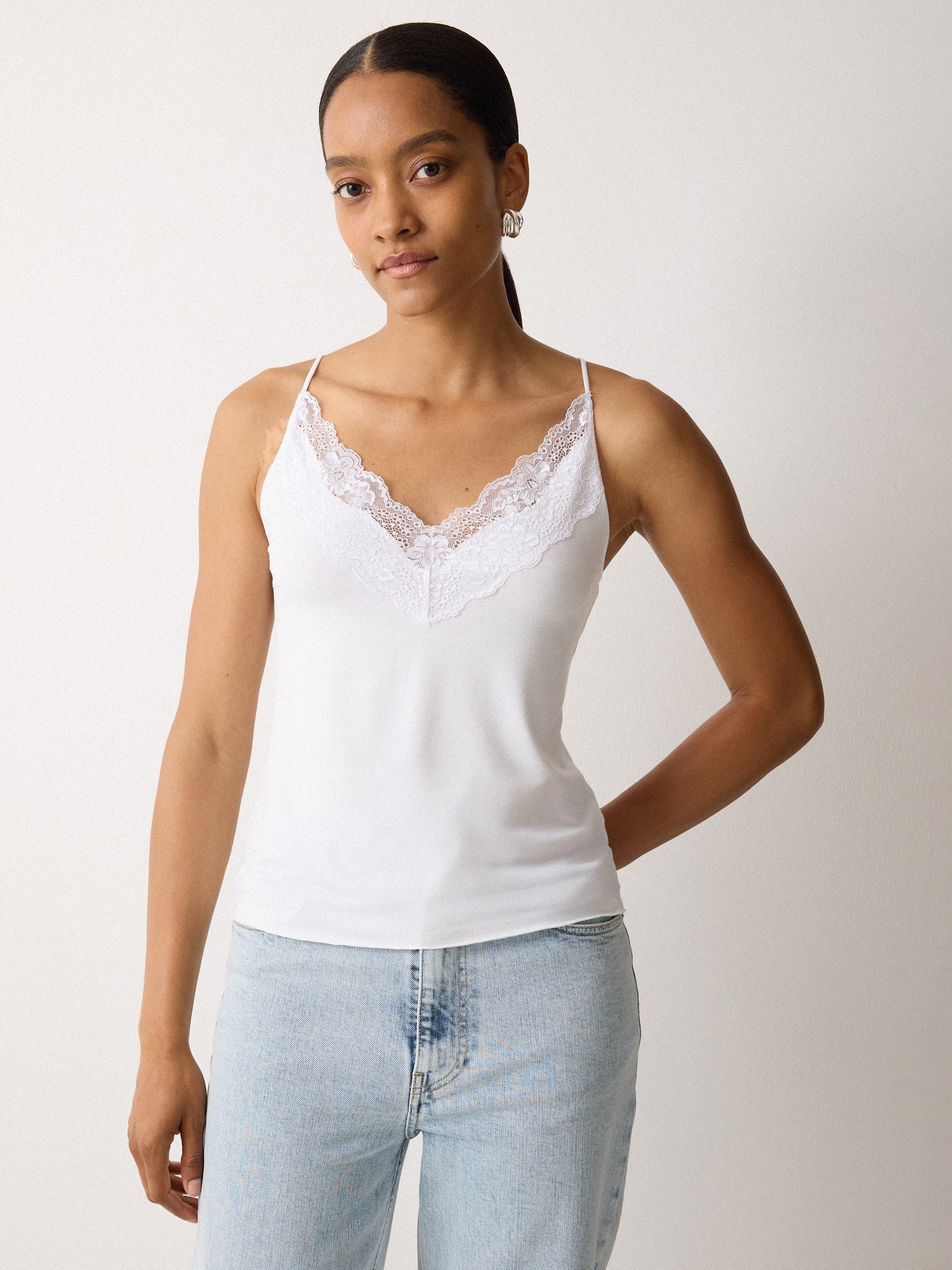 Product image 1 of 5, which shows Jigsaw Modal Lace Trim V-Neck Vest, White, XS