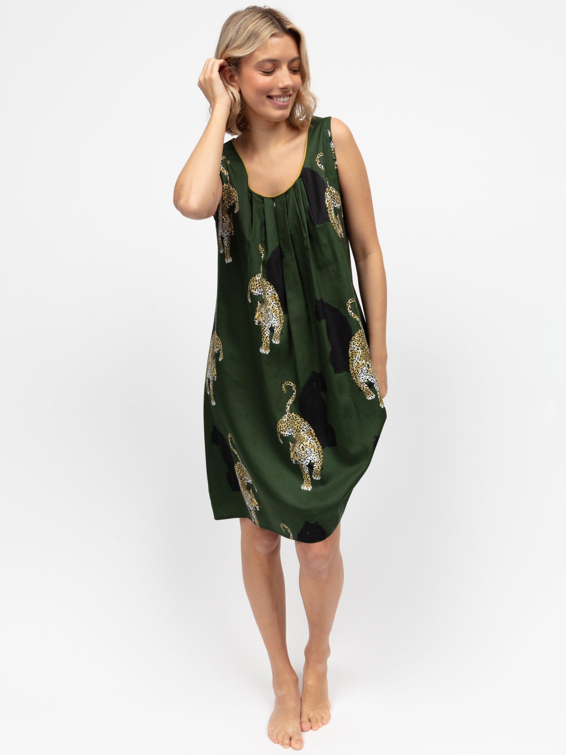 Product image 1 of 3, which shows Cyberjammies Leopards Sleeveless Nightdress, Olive/Multi, 6
