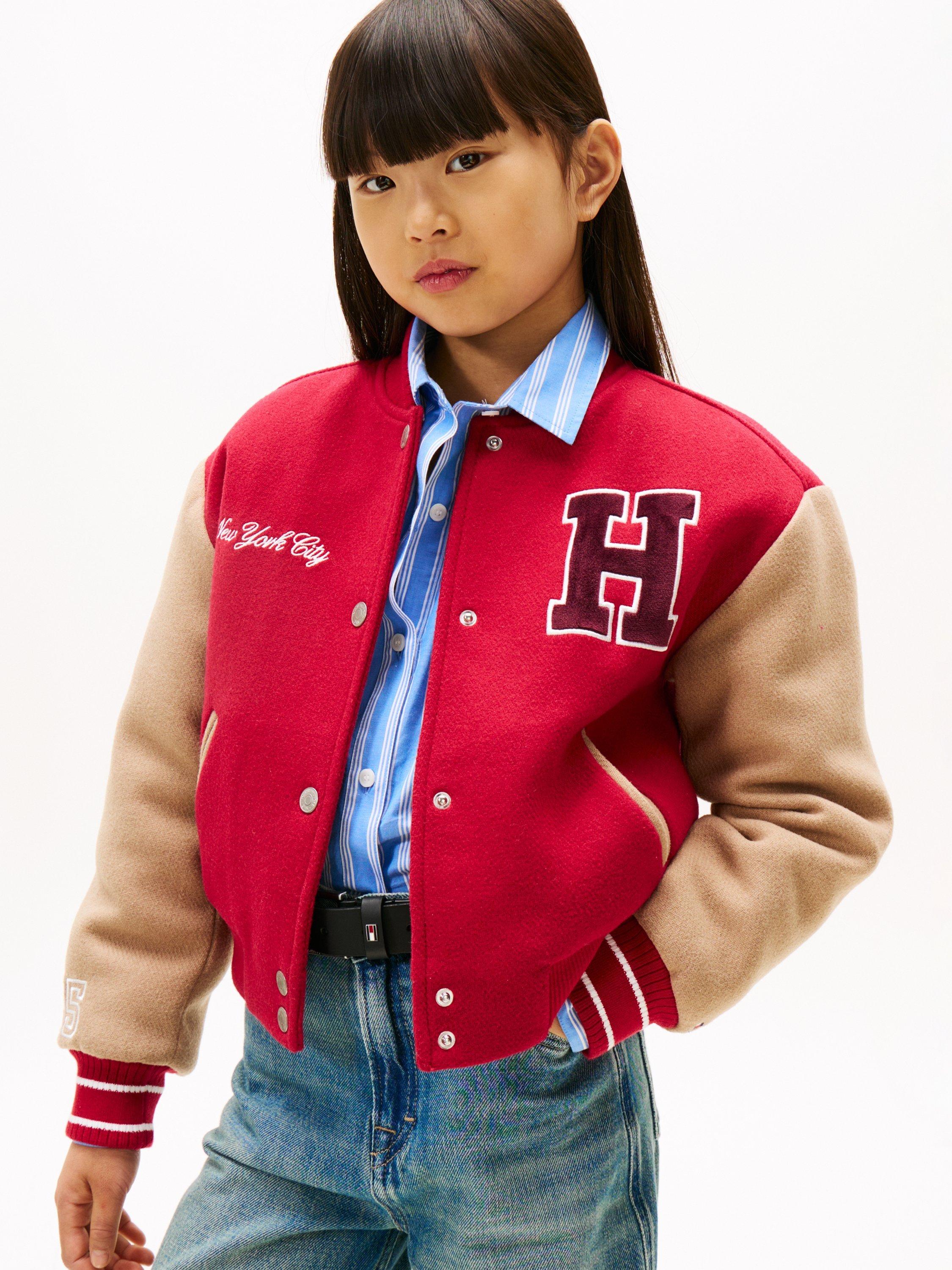 Product image 1 of 5, which shows Tommy Hilfiger Kids' Wool Blend Letterman Jacket, Ruby Rhubarb, 7 years