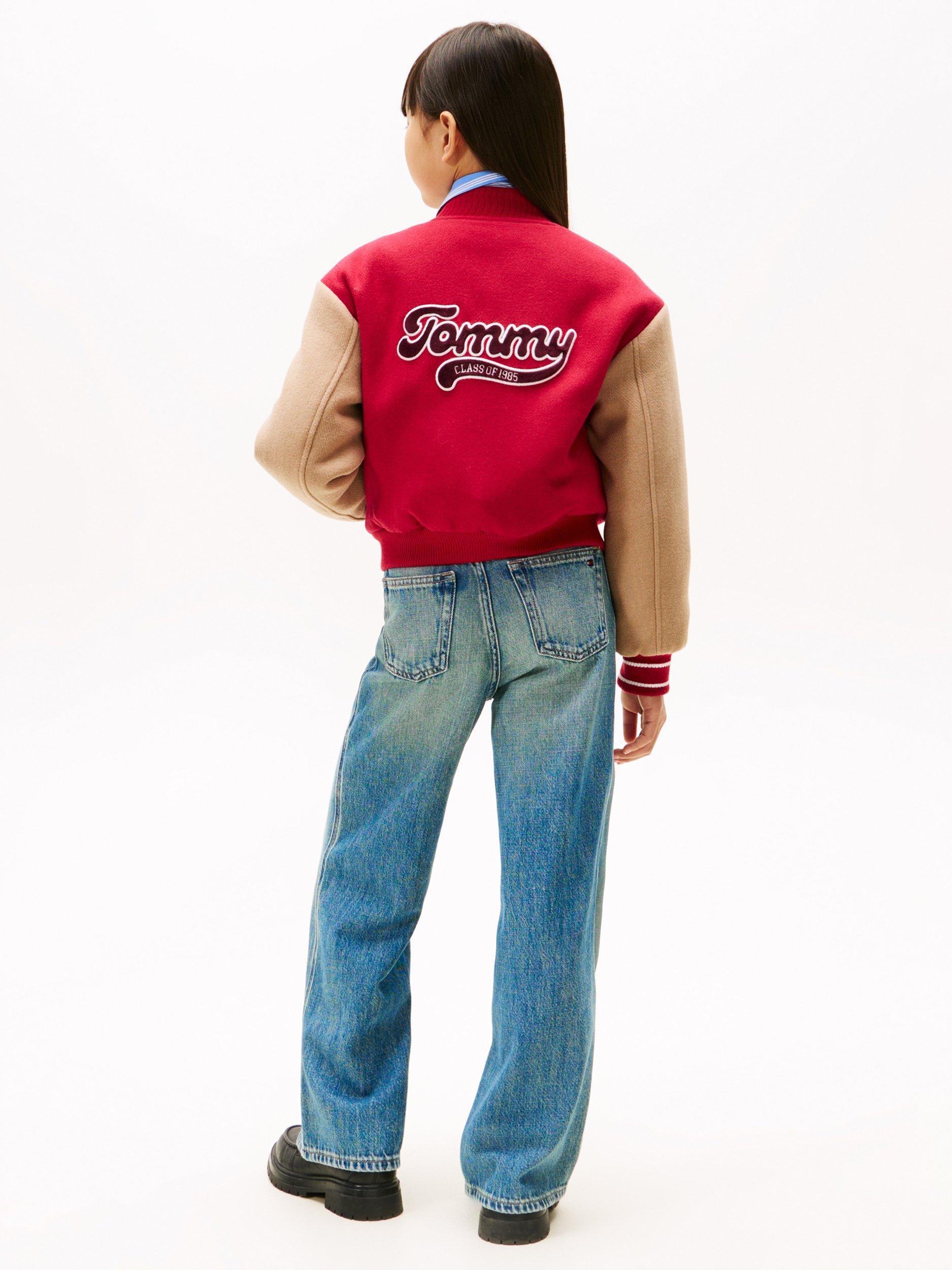 Product image 2 of 5, which shows Tommy Hilfiger Kids' Wool Blend Letterman Jacket, Ruby Rhubarb, 7 years