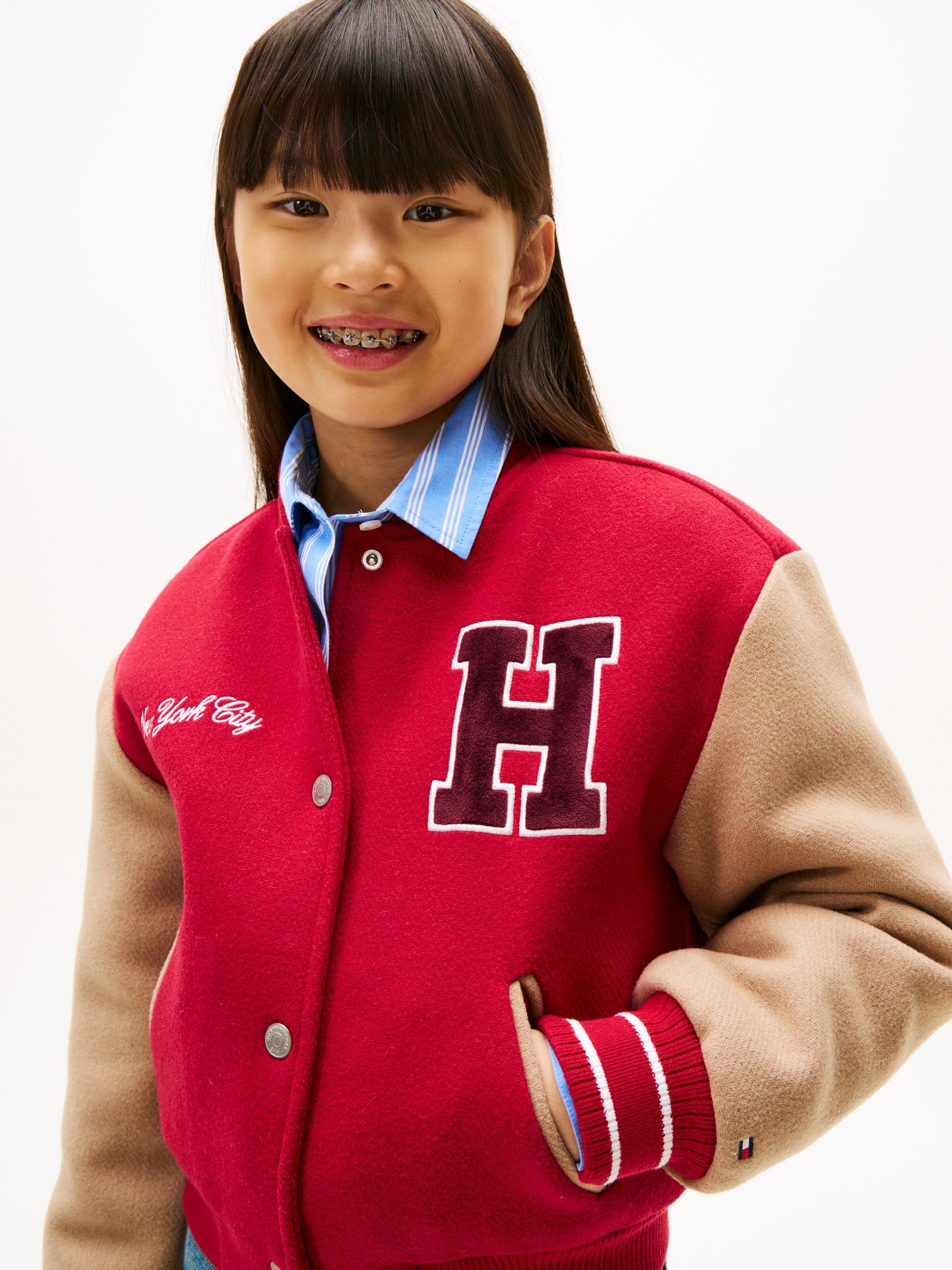 Product image 4 of 5, which shows Tommy Hilfiger Kids' Wool Blend Letterman Jacket, Ruby Rhubarb, 7 years