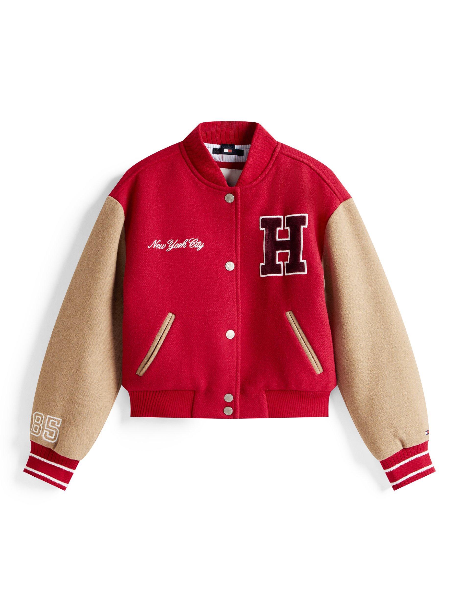 Product image 5 of 5, which shows Tommy Hilfiger Kids' Wool Blend Letterman Jacket, Ruby Rhubarb, 7 years