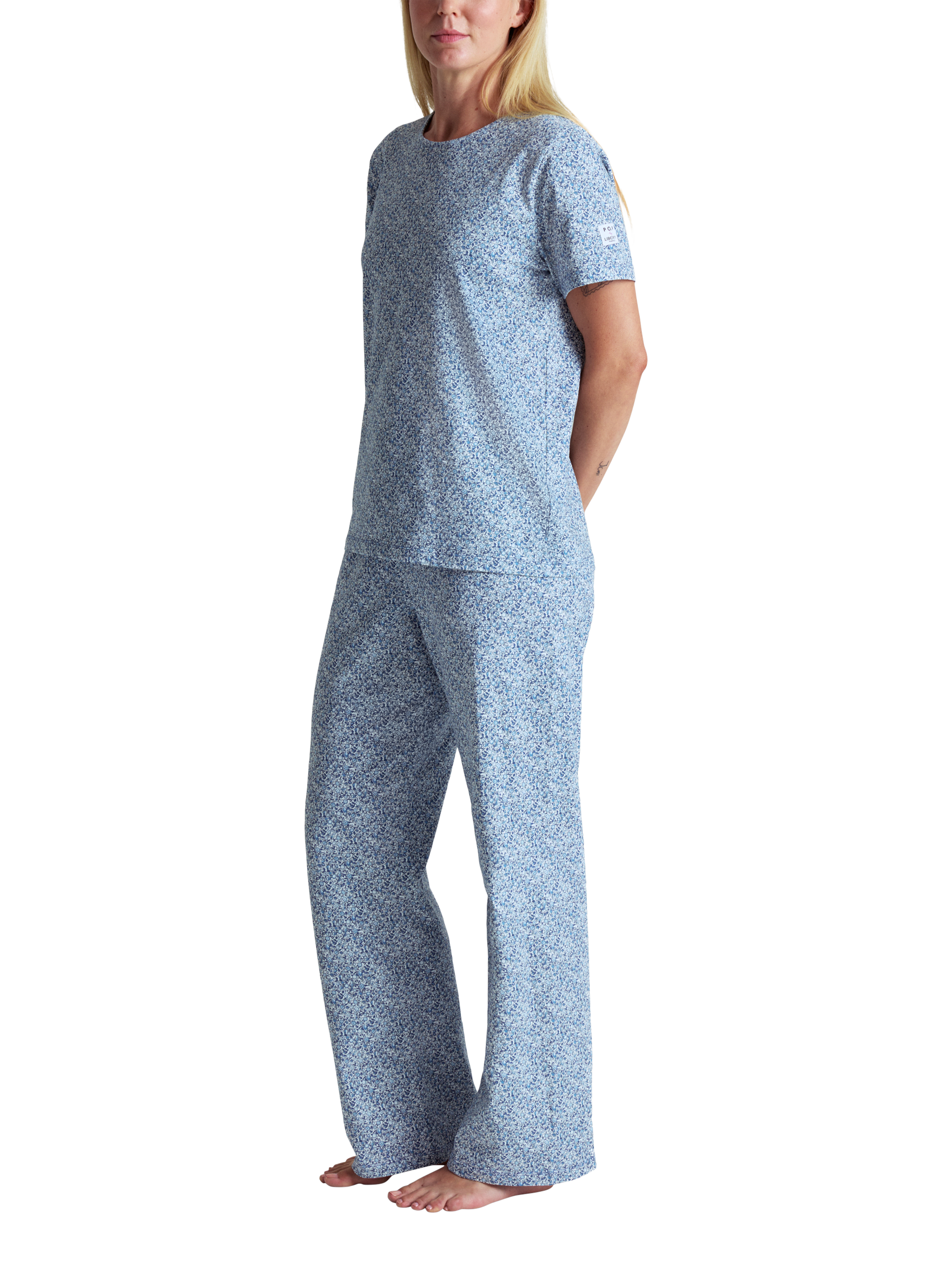 Product image 1 of 6, which shows Polarn O. Pyret x Liberty Floral Print Pyjama Set, Bijou Blue, L