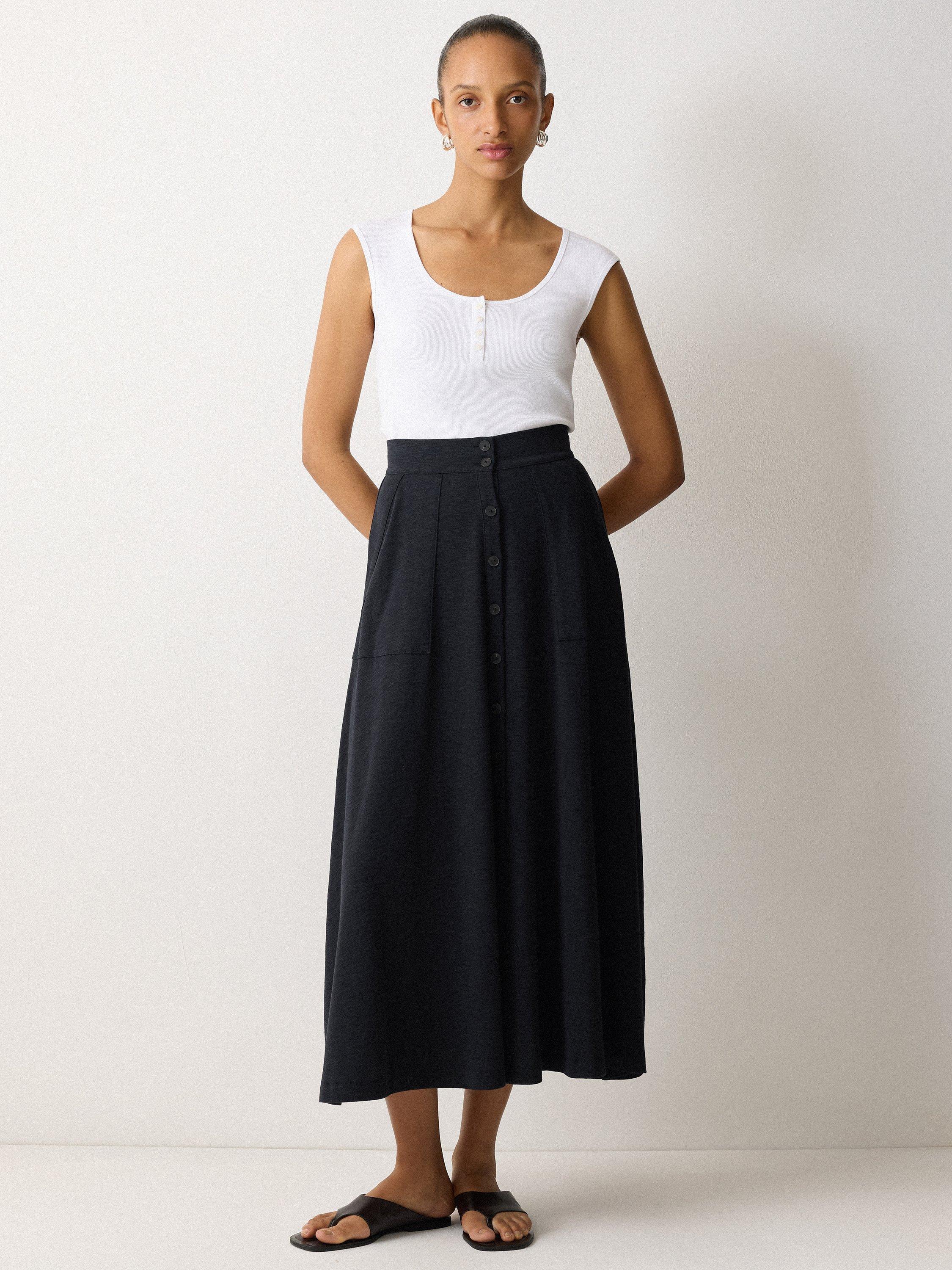 Product image 1 of 6, which shows Jigsaw Button Down Midi Skirt, Navy, M