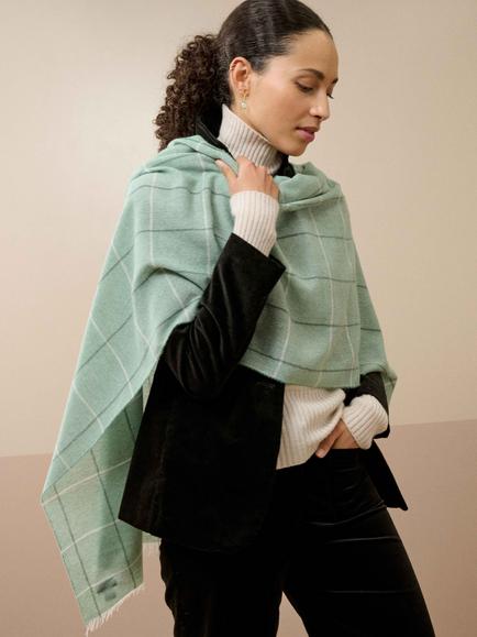 Brora Check Chartouche Prue Cashmere Scarf, Sea Holly/Pearl - view 2, Sea Holly/Pearl