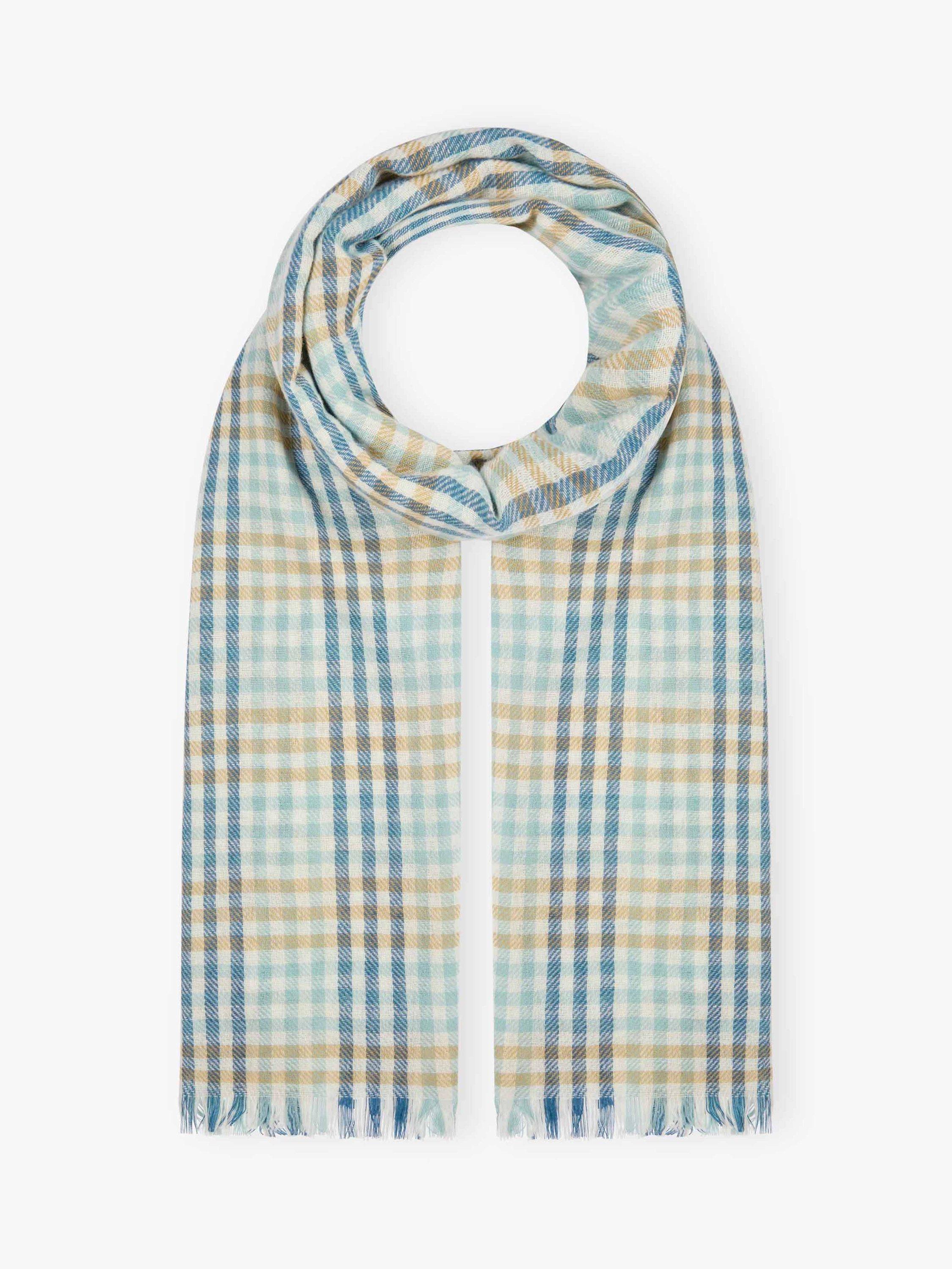 Product image 1 of 2, which shows Brora Check Chartouche Prue Cashmere Scarf, Seaspray/Catkind