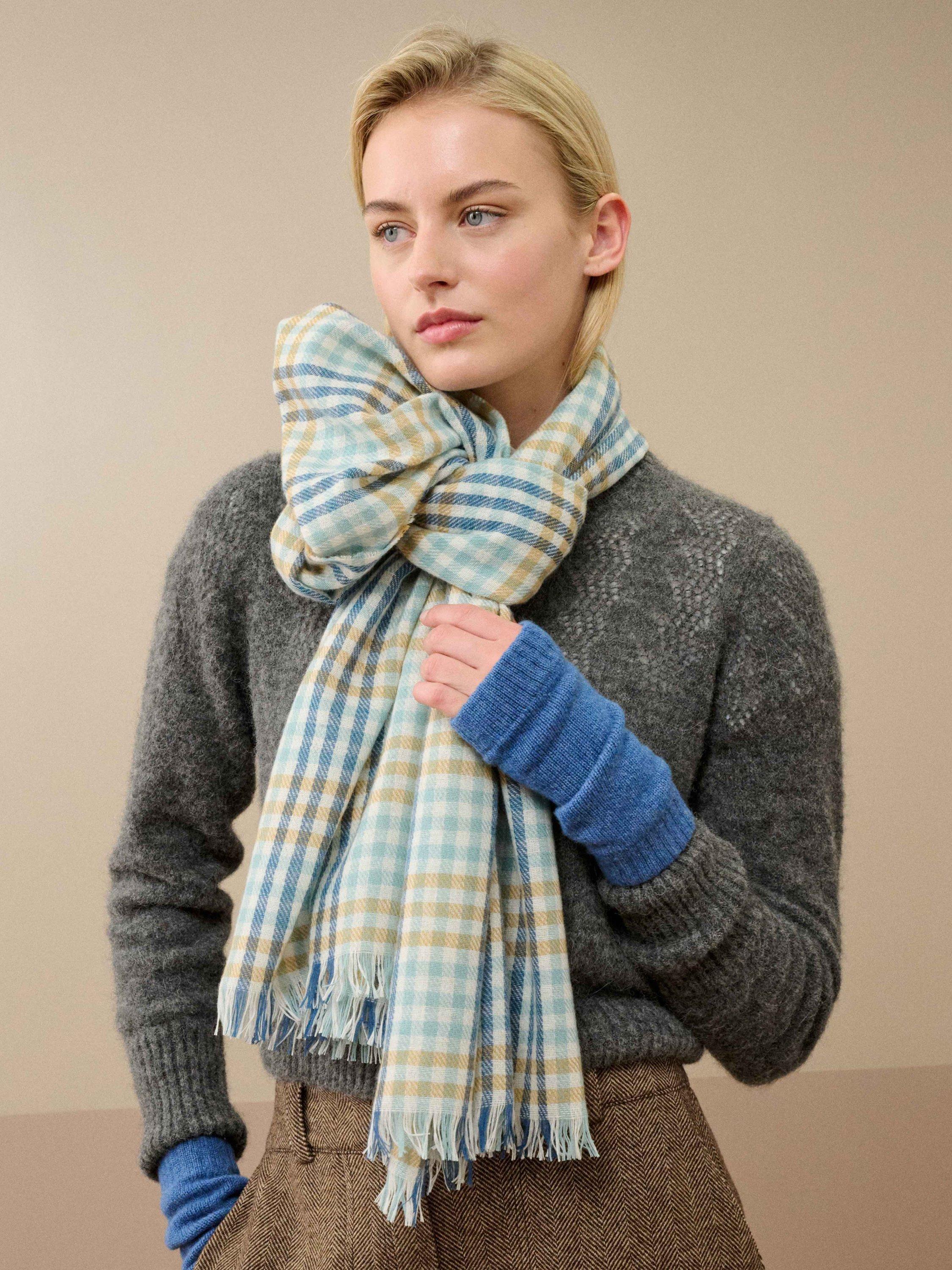 Product image 2 of 2, which shows Brora Check Chartouche Prue Cashmere Scarf, Seaspray/Catkind