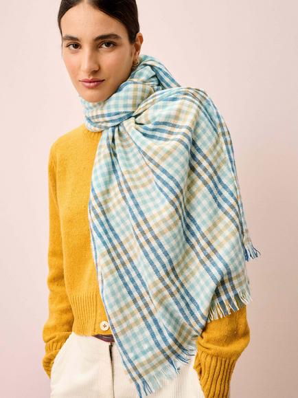 Brora Check Chartouche Prue Cashmere Scarf, Seaspray/Catkind - view 2, Seaspray/Catkin