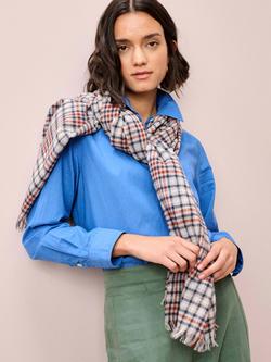 Brora Check Chartouche Pure Cashmere Scarf, Ash/Navy - view 2, Ash/Navy