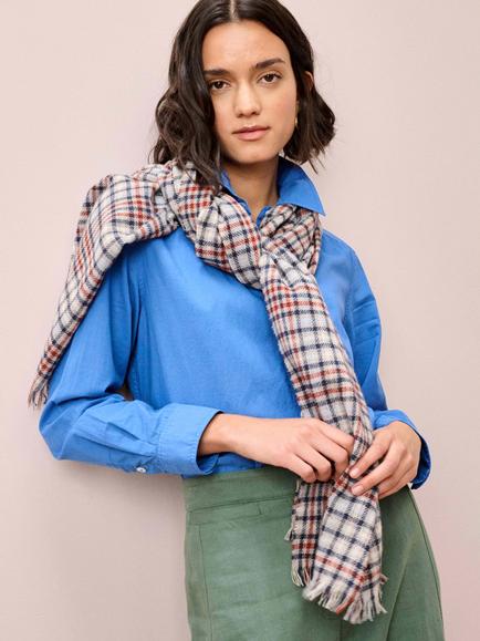 Brora Check Chartouche Pure Cashmere Scarf, Ash/Navy - view 2, Ash/Navy