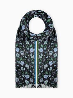 Brora Botanical Velvet Trim Pure Wool Stole, Black/Wedgewood, Black/Wedgewood