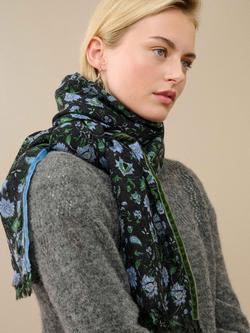 Brora Botanical Velvet Trim Pure Wool Stole, Black/Wedgewood - view 2, Black/Wedgewood