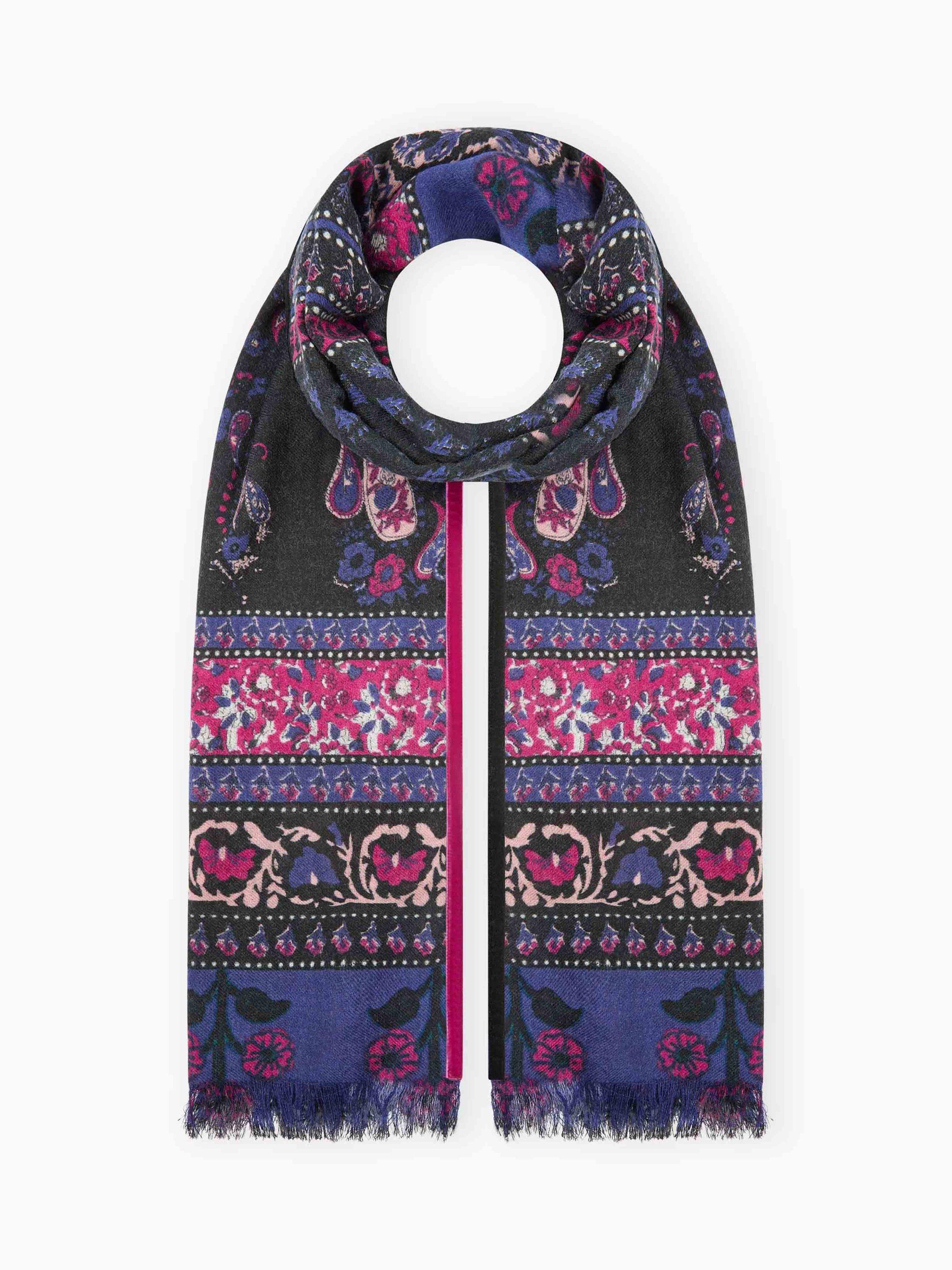 Brora Patchwork Velvet Trim Pure Wool Stole, Midnight/Mulberry