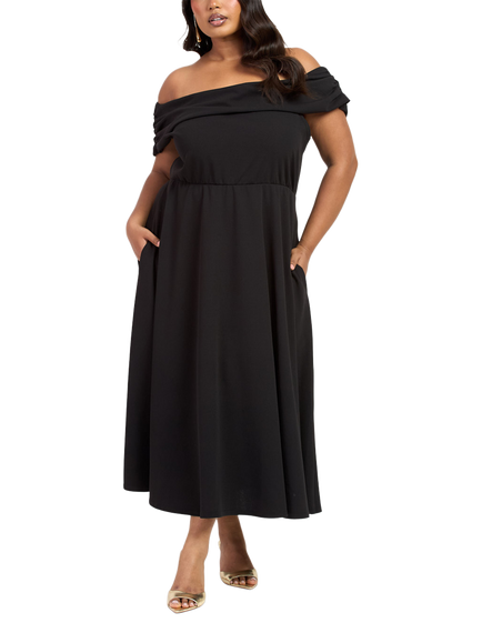 FASHION SZN Plus Size Short Sleeve Bardot Neck Midi Dress, Black