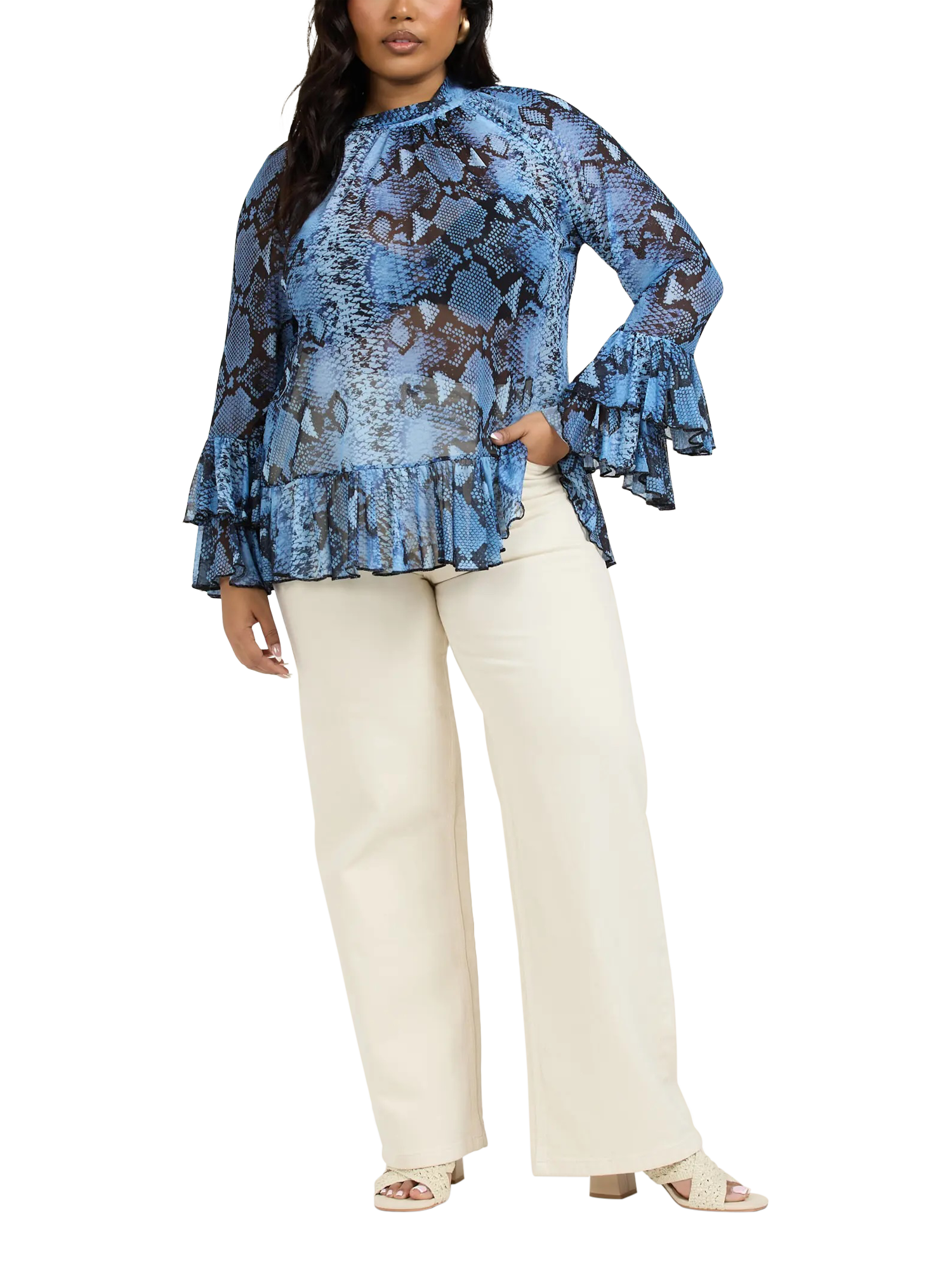 Product image 3 of 4, which shows FASHION SZN Plus Size Long Sleeve High Neck Blouse, Blue, 14