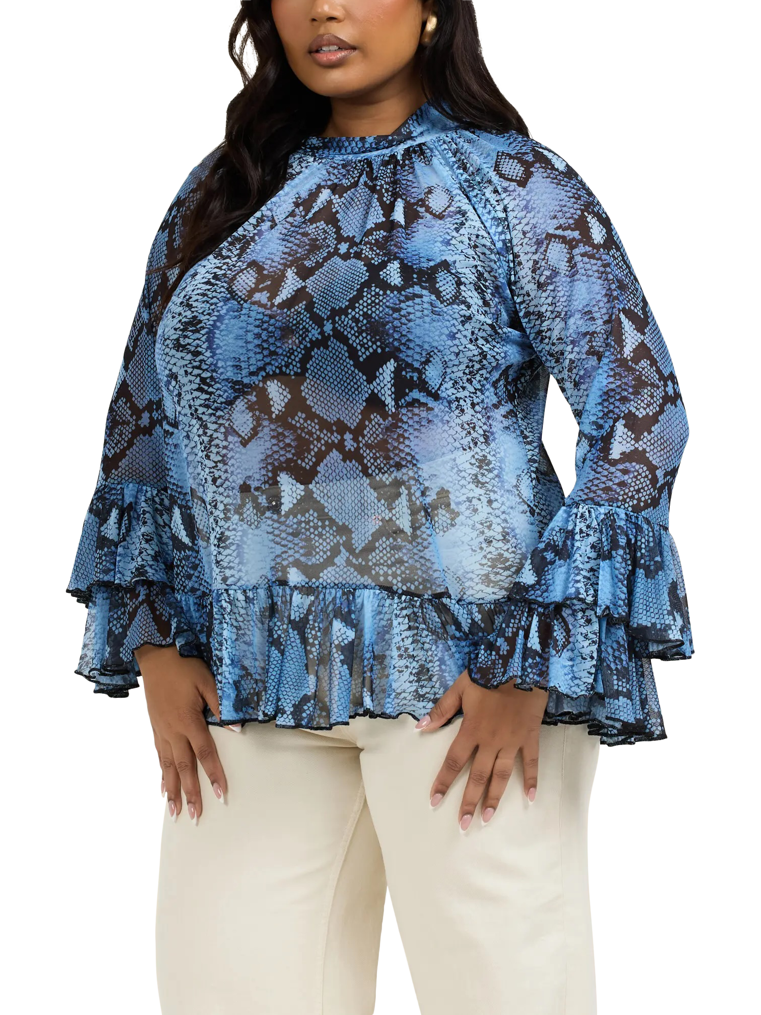 Product image 4 of 4, which shows FASHION SZN Plus Size Long Sleeve High Neck Blouse, Blue, 14