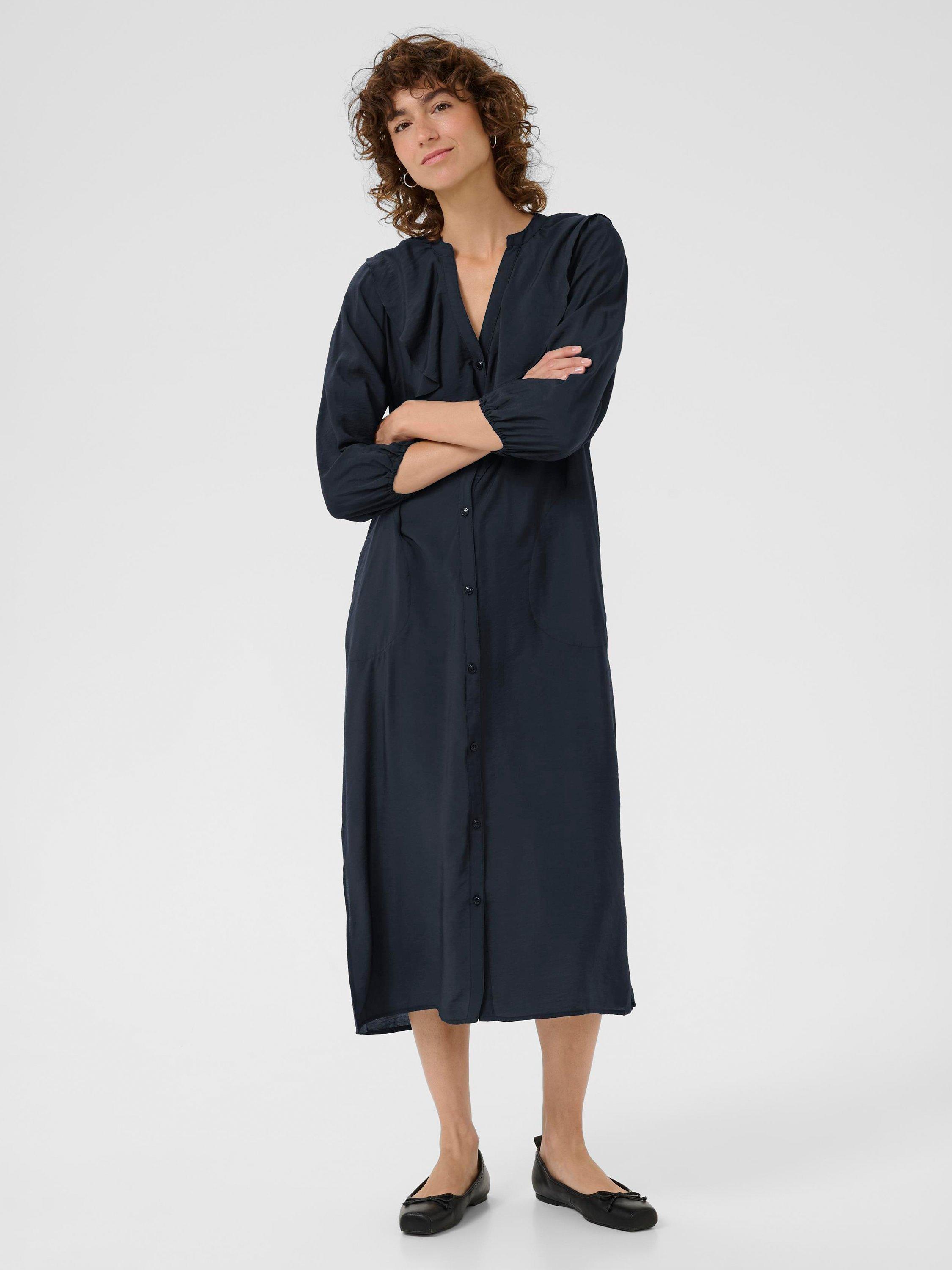 Product image 1 of 6, which shows Part Two Sayoko Ruffle Midi Dress, Dark Navy, 8
