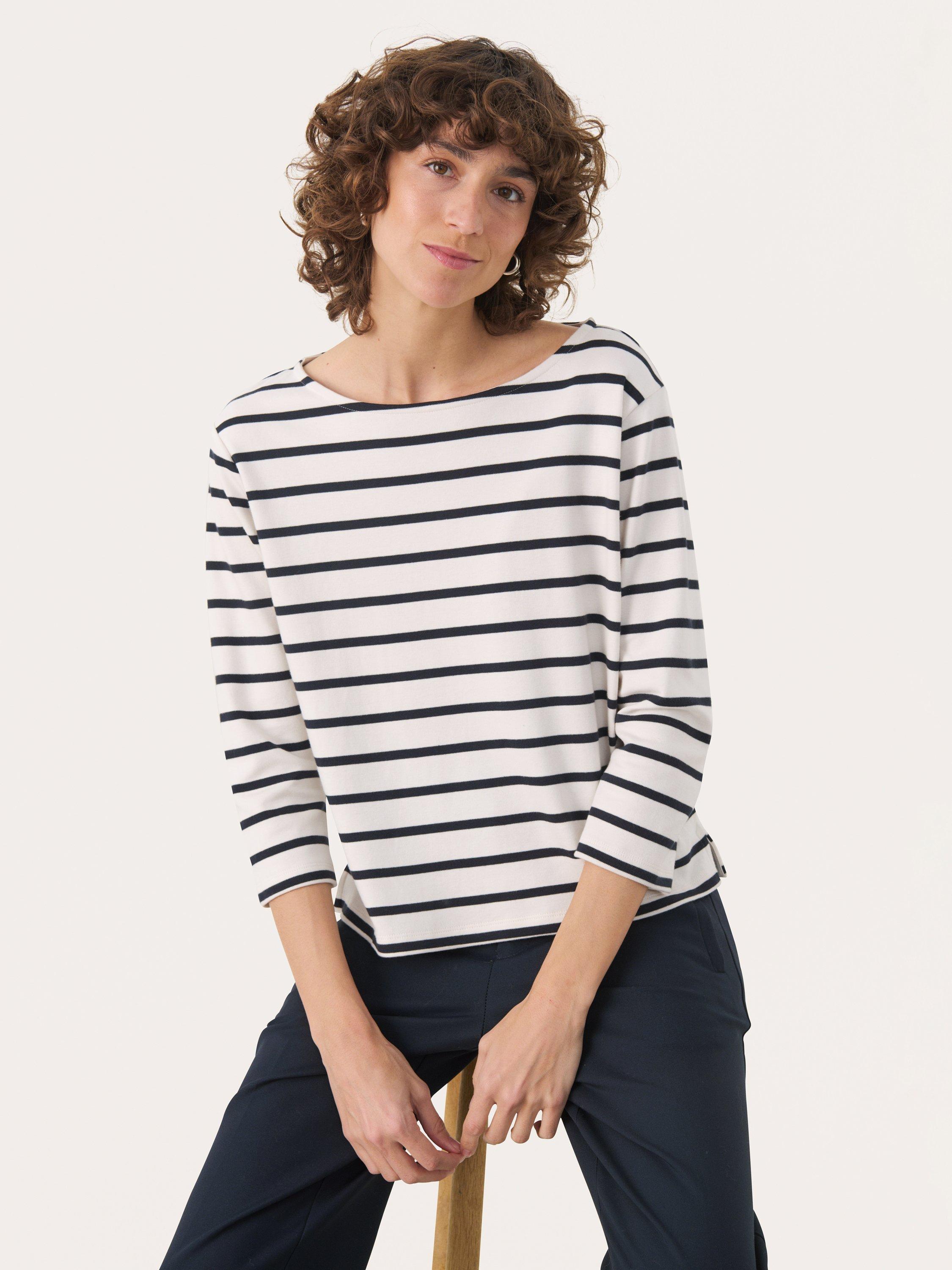 Product image 1 of 6, which shows Part Two Nela Stripe Three Quarter Sleeve Top, Dark Navy/Multi, XS