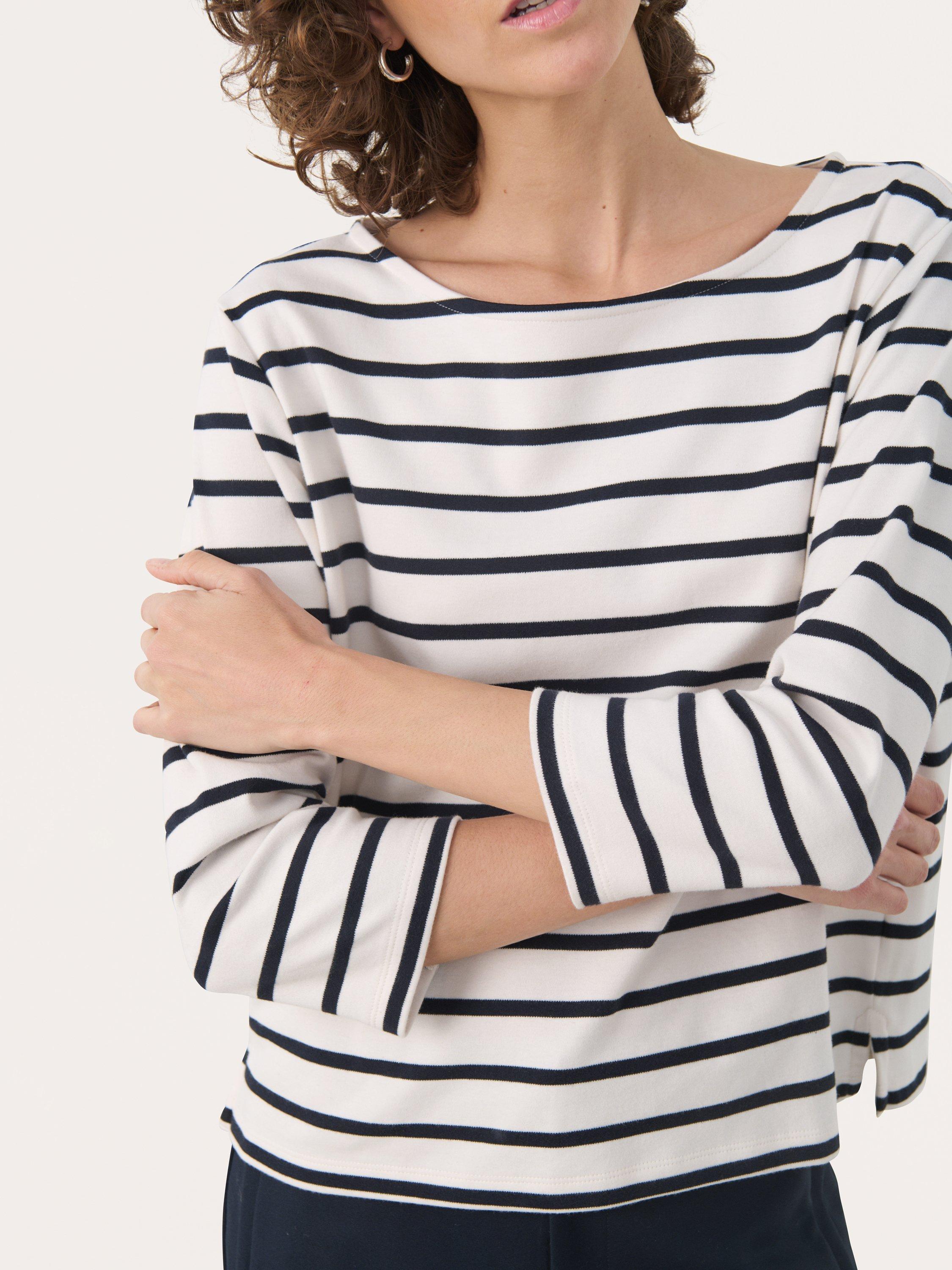 Product image 4 of 6, which shows Part Two Nela Stripe Three Quarter Sleeve Top, Dark Navy/Multi, XS