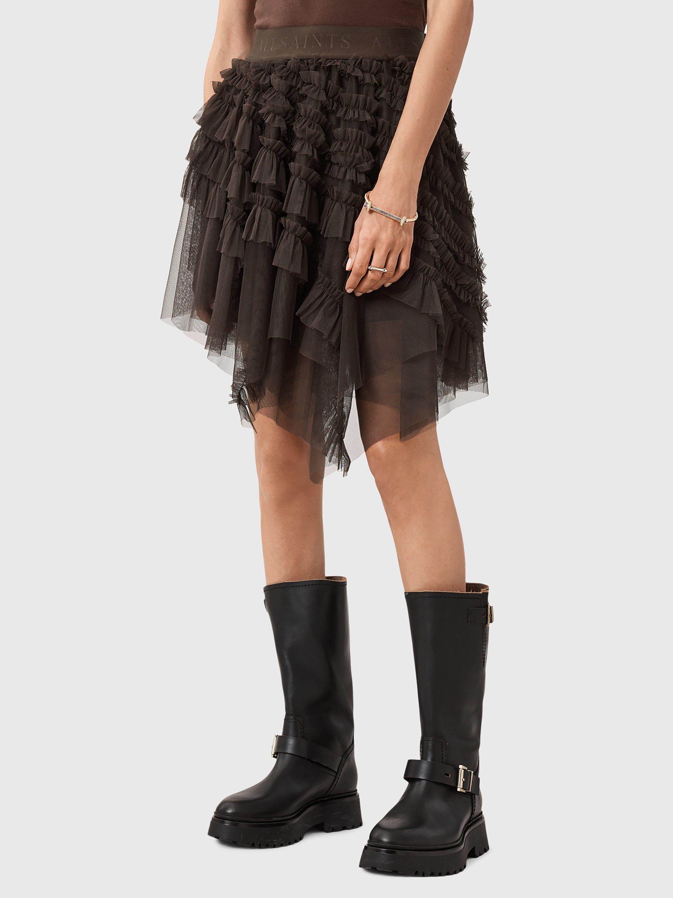 Product image 1 of 8, which shows AllSaints Jayde Tulle Skirt, Bitter Brown, 12