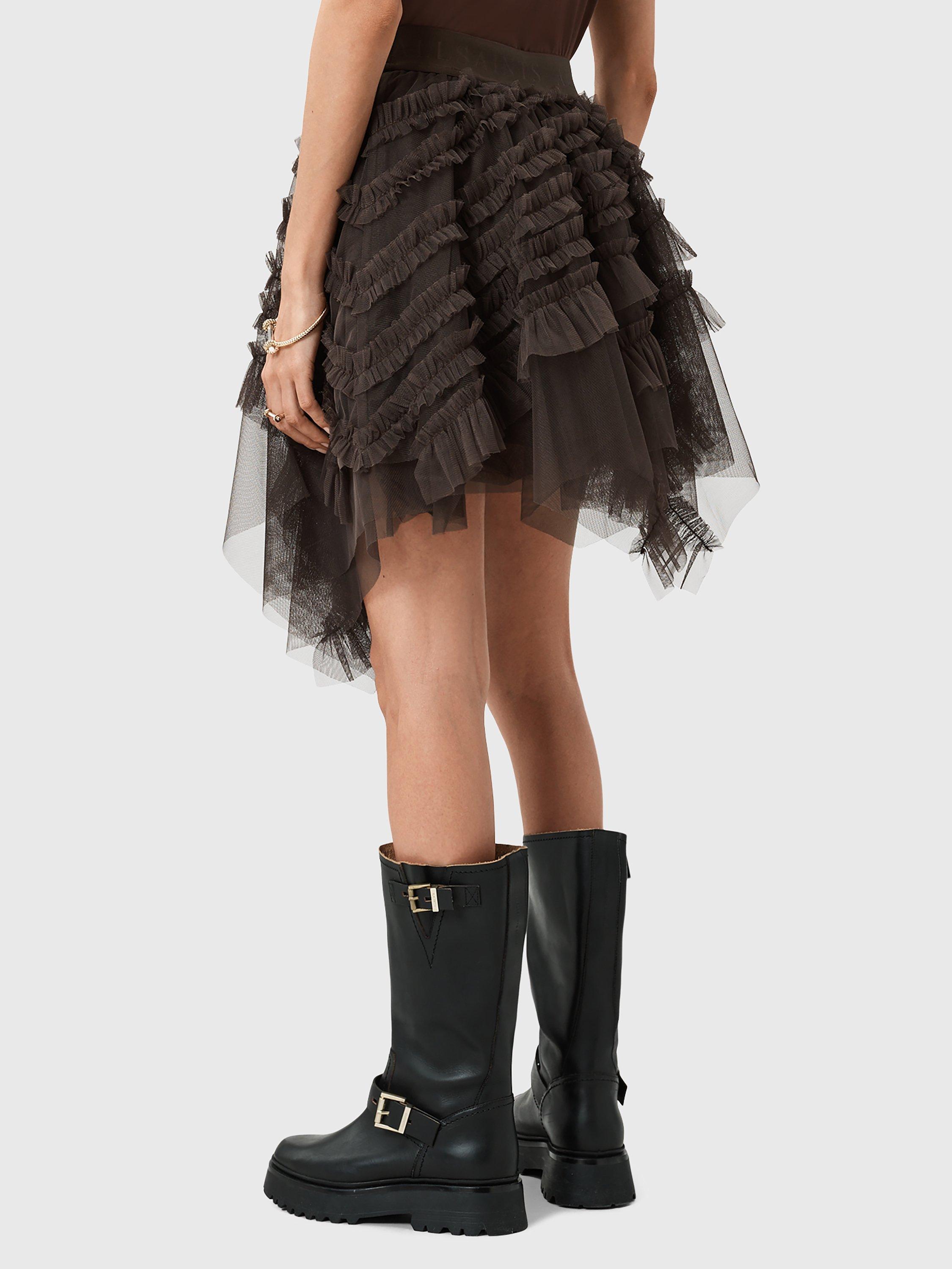Product image 2 of 8, which shows AllSaints Jayde Tulle Skirt, Bitter Brown, 12