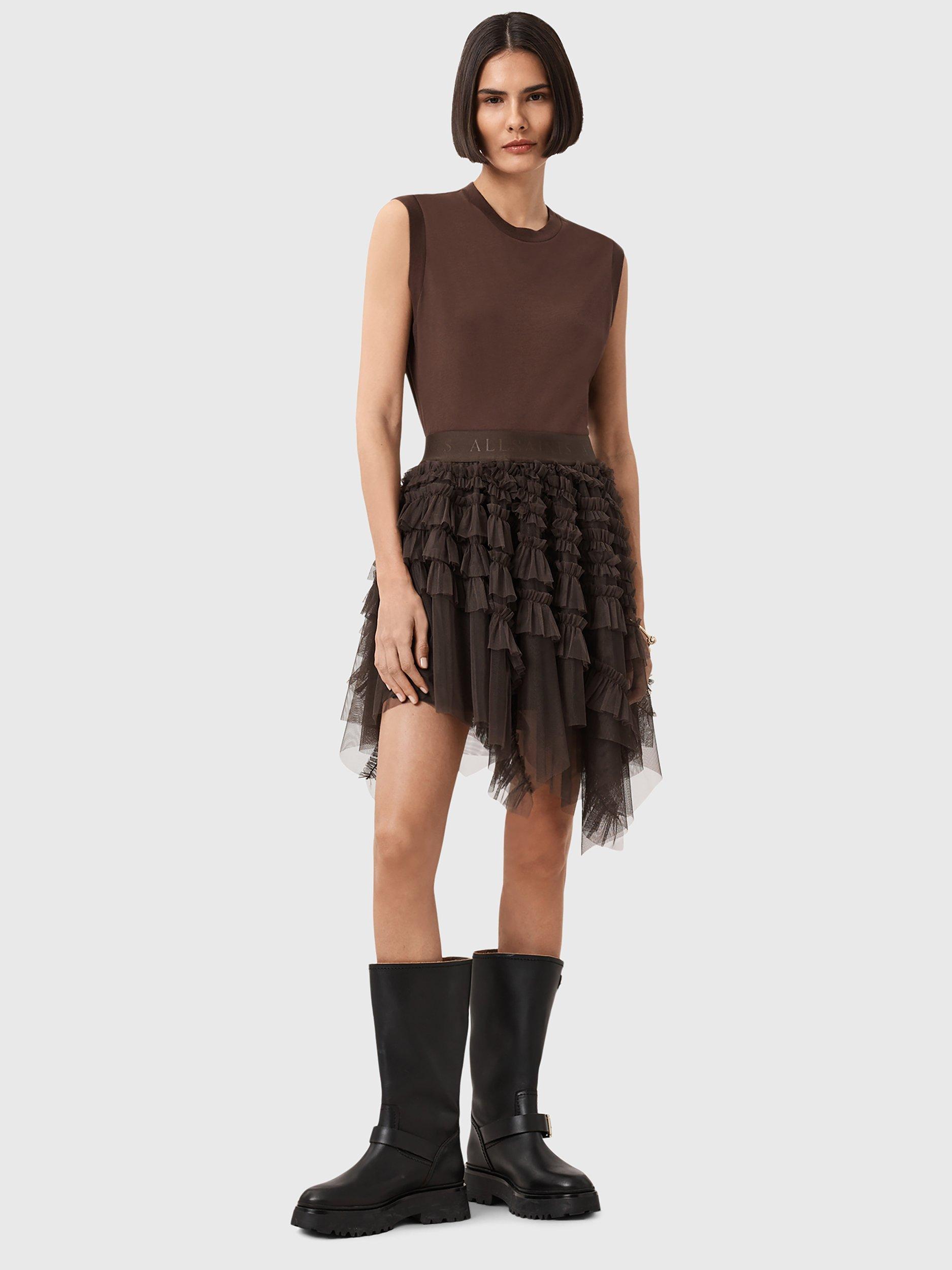Product image 3 of 8, which shows AllSaints Jayde Tulle Skirt, Bitter Brown, 12