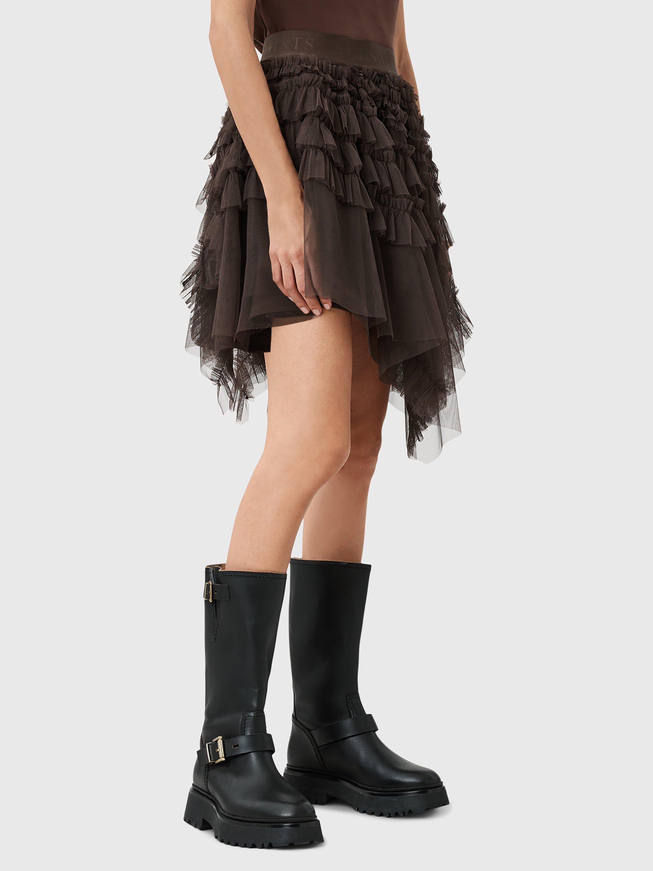 Product image 6 of 8, which shows AllSaints Jayde Tulle Skirt, Bitter Brown, 12