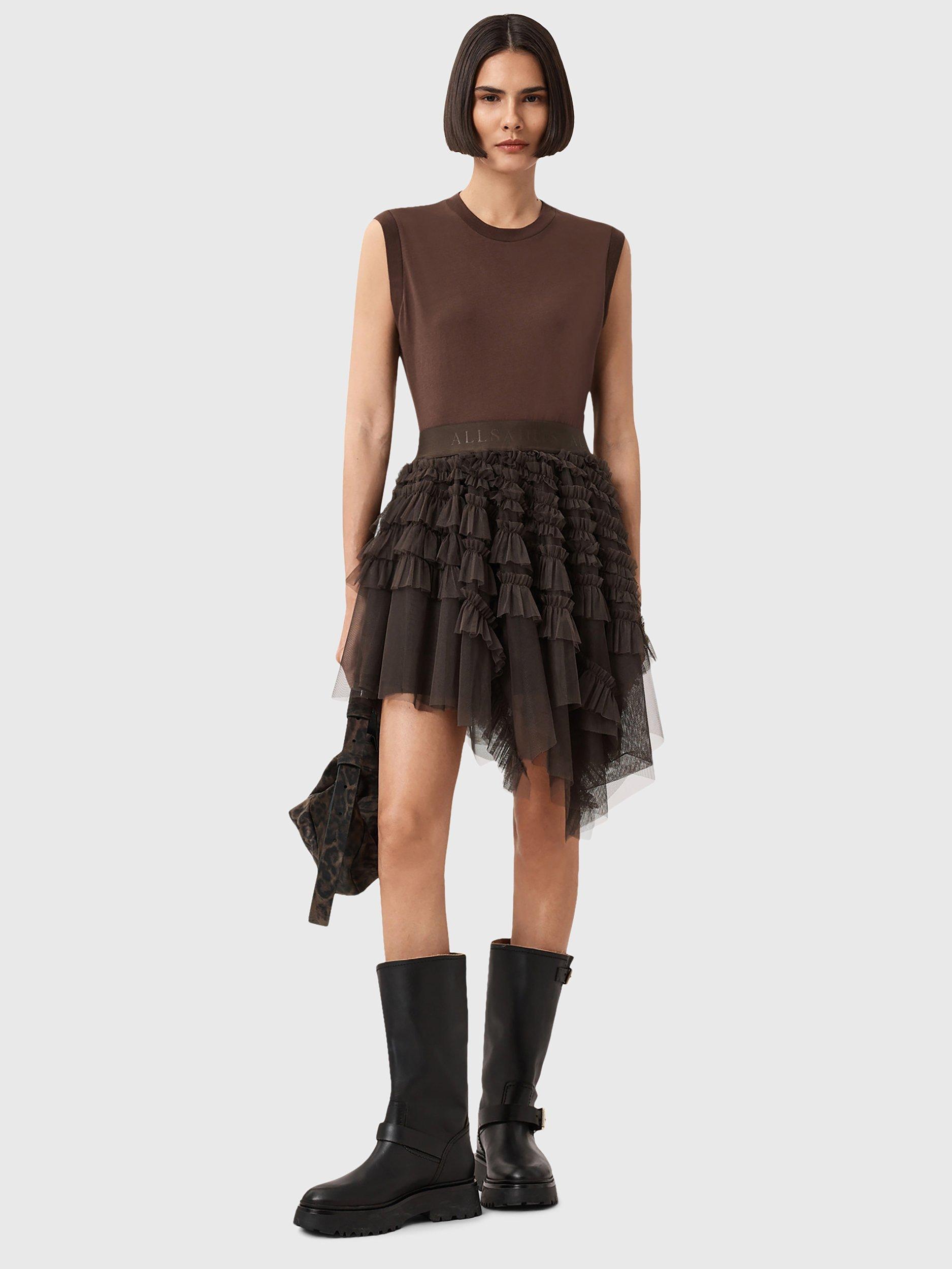 Product image 7 of 8, which shows AllSaints Jayde Tulle Skirt, Bitter Brown, 12