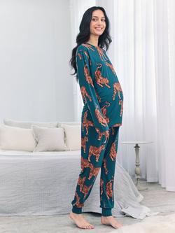 Chelsea Peers Tigers Long Maternity Pyjama Set, Teal/Multi, Teal/Multi