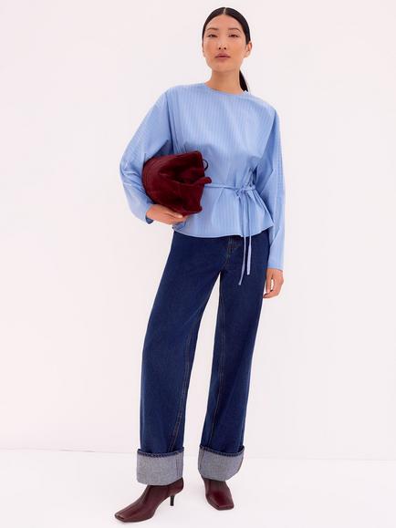 Ro&Zo Stripe Tie Waist Top, Blue - view 2, Blue