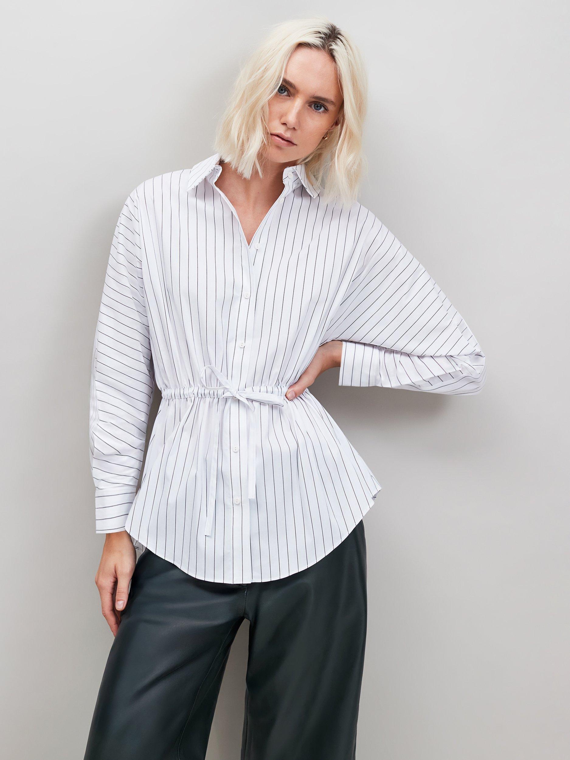 Product image 1 of 6, which shows Ro&Zo Stripe Channel Waist Shirt, White, 6