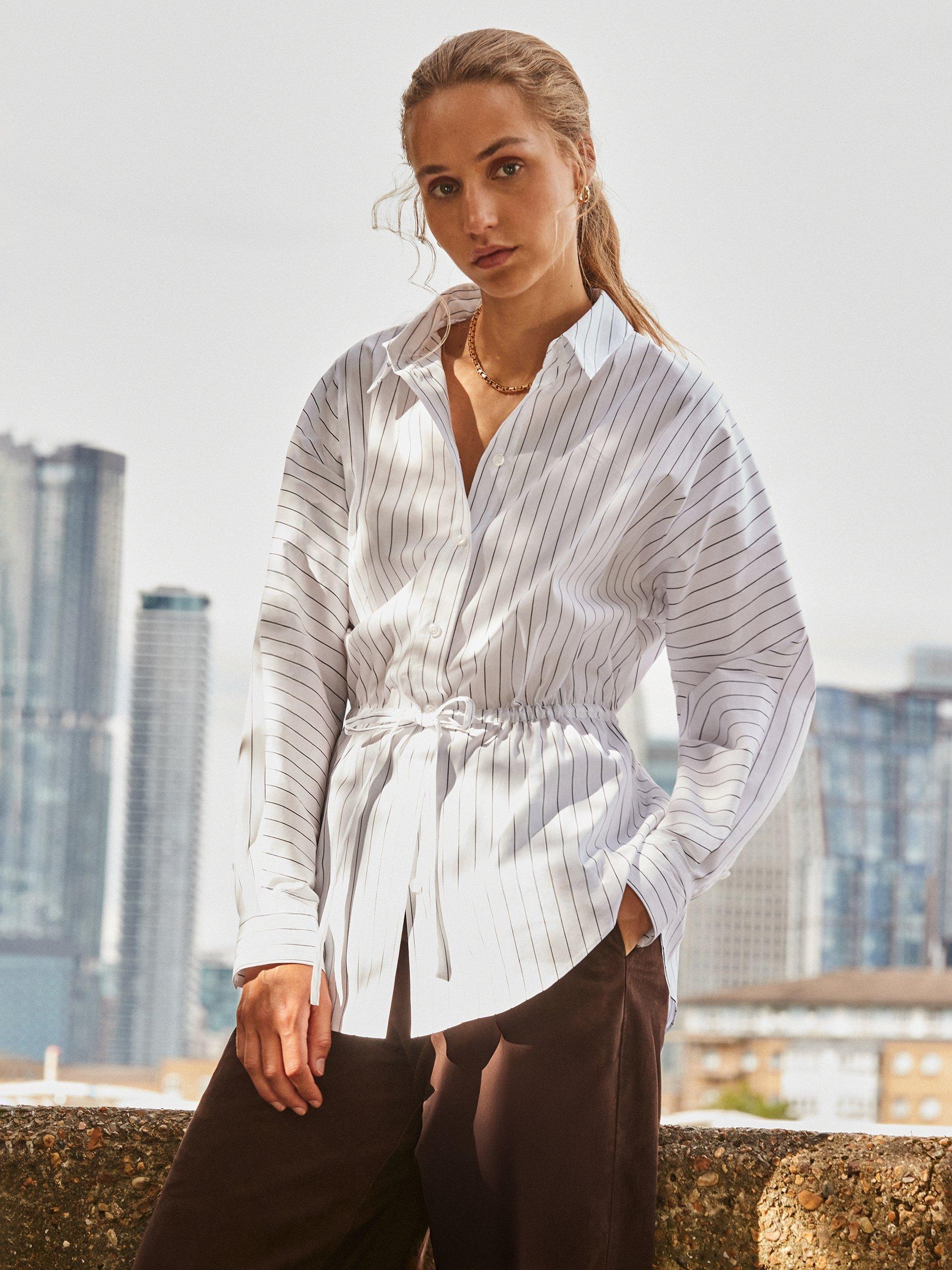 Product image 4 of 6, which shows Ro&Zo Stripe Channel Waist Shirt, White, 6