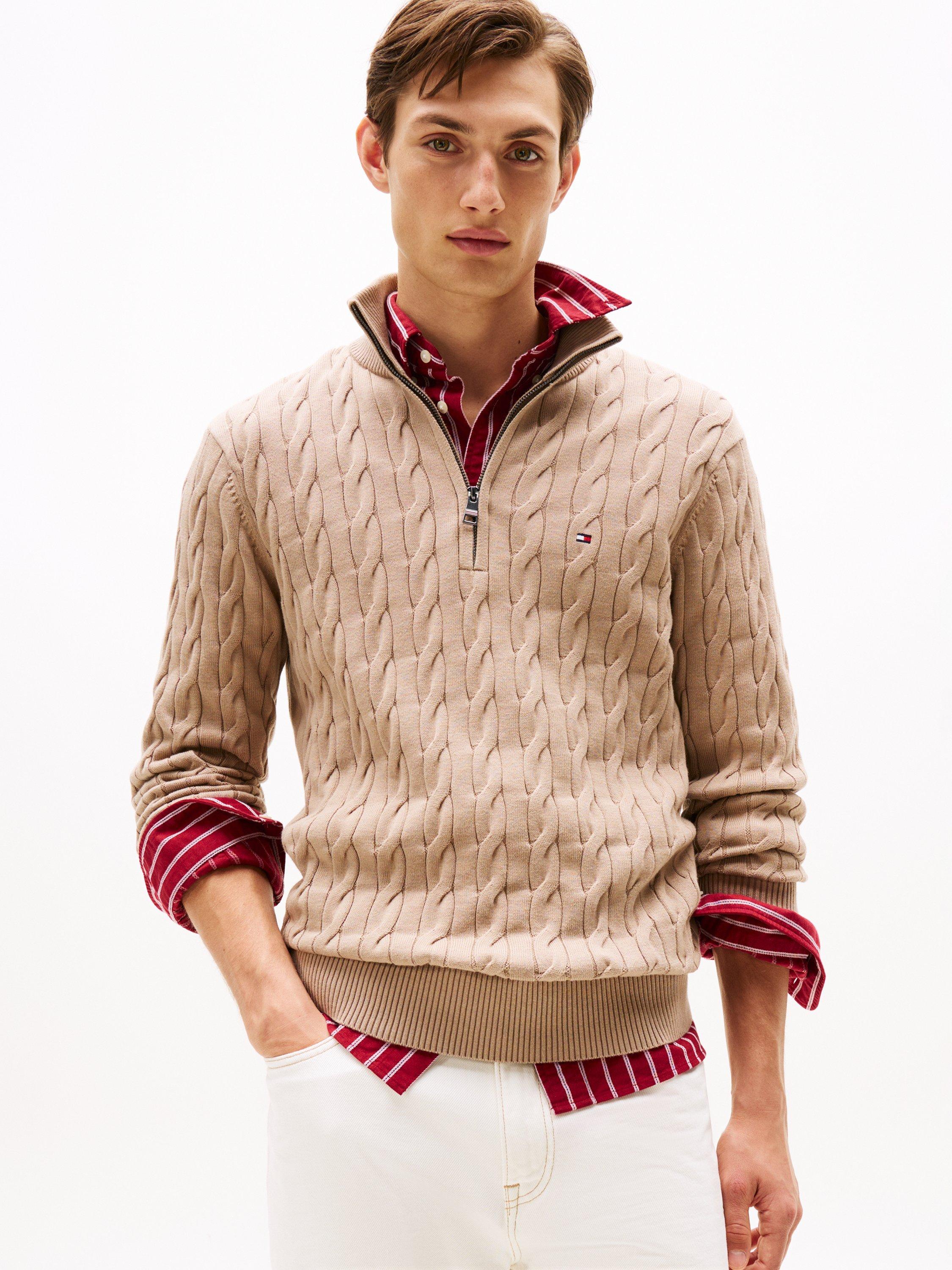Product image 1 of 6, which shows Tommy Hilfiger Cable Knit Half-Zip Jumper, Coastal Taupe, L