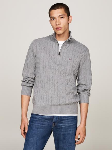 Tommy Hilfiger Cable Knit Half-Zip Jumper, Medium Grey Heather
