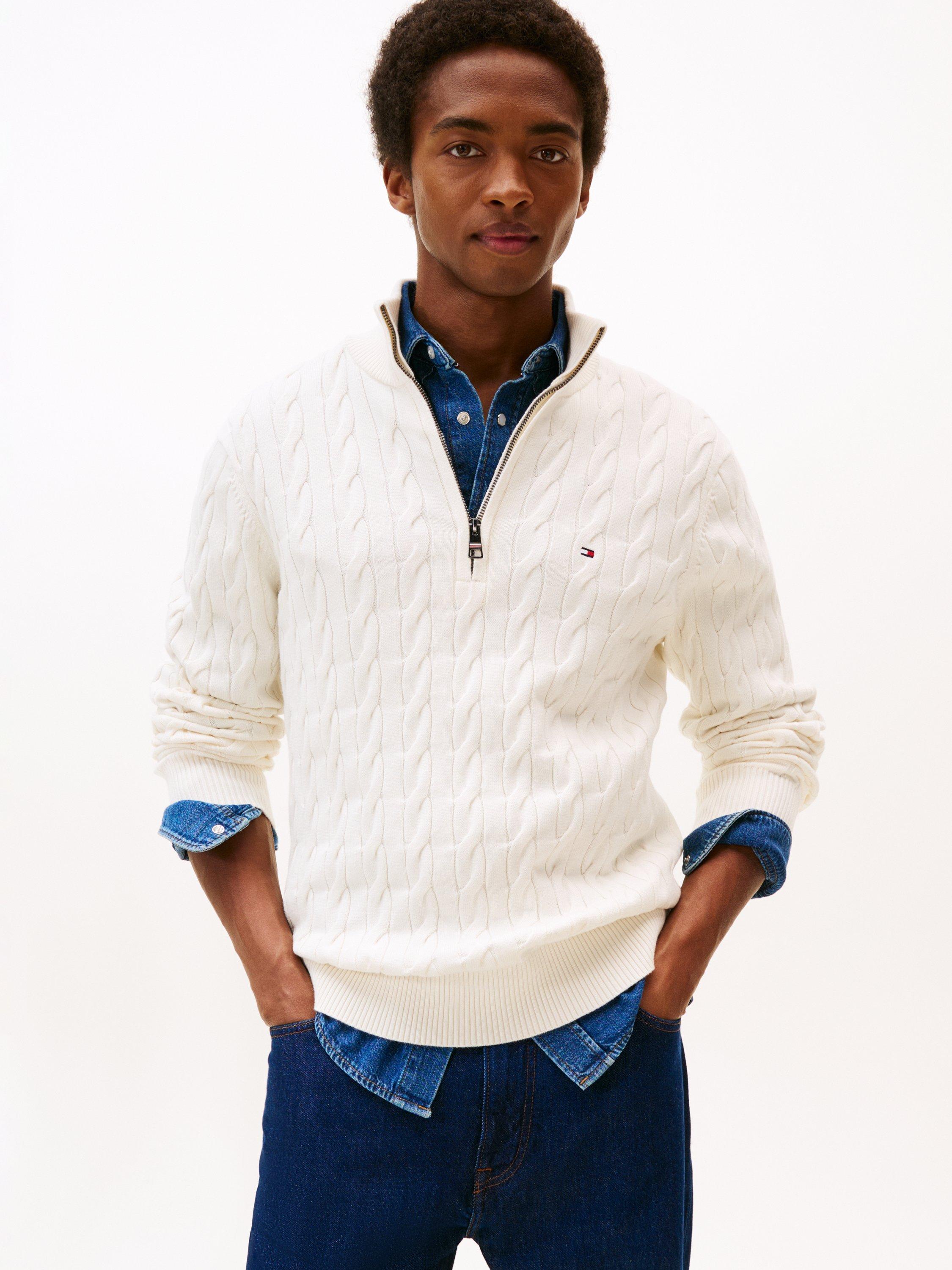 Product image 1 of 8, which shows Tommy Hilfiger Cable Knit Half-Zip Jumper, Ivory Petal, M