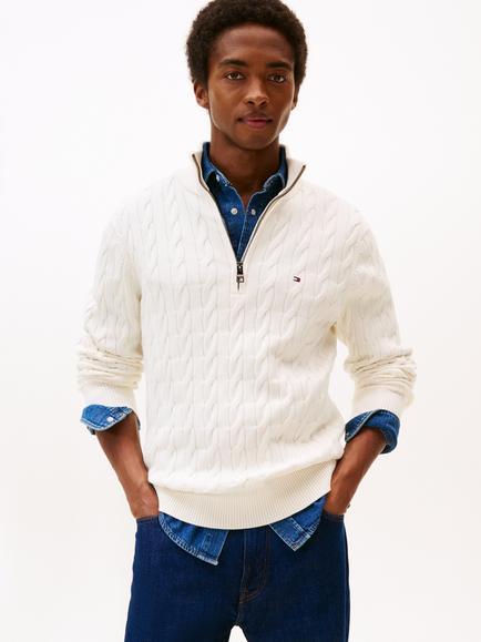 Tommy Hilfiger Cable Knit Half-Zip Jumper, Ivory Petal