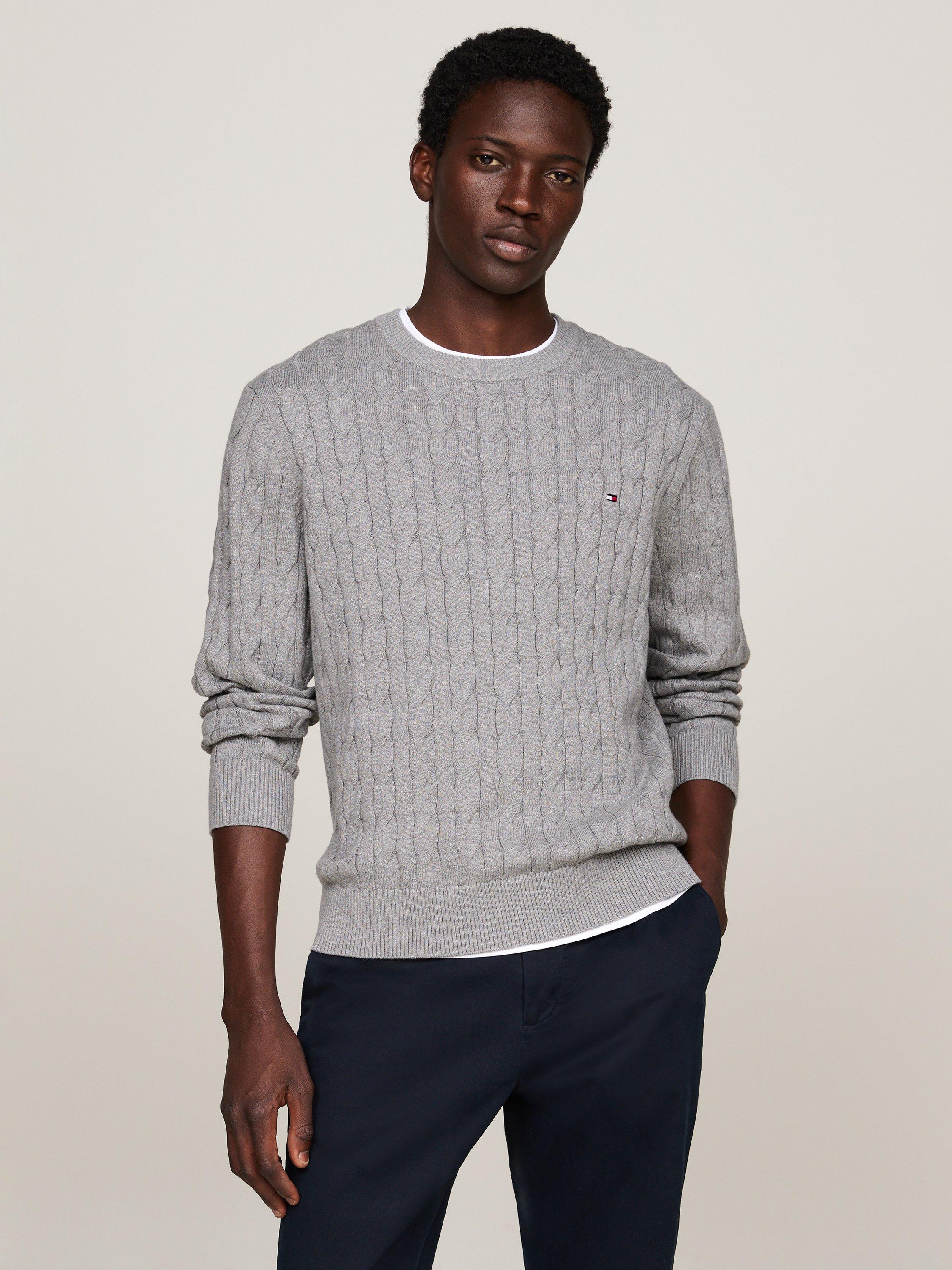 Product image 1 of 5, which shows Tommy Hilfiger Classic Cable Knit Cotton Jumper, Medium Grey Heather, M