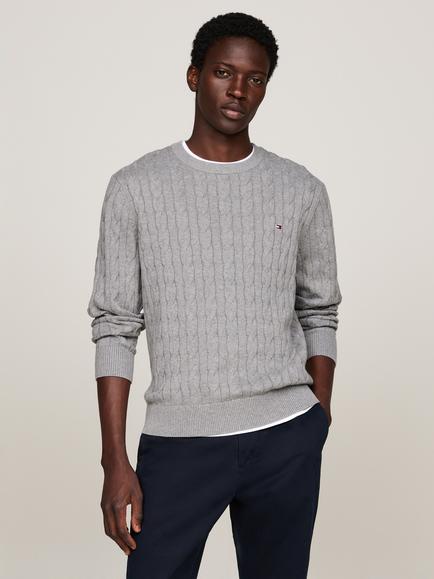 Tommy Hilfiger Classic Cable Knit Cotton Jumper, Medium Grey Heather