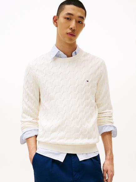 Tommy Hilfiger Flag Embroidery Cable Knit Jumper, Ivory Petal
