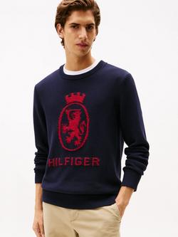 Tommy Hilfiger Cotton Gifting Crest Long Sleeve Crew Neck Jumper, Dt Sky/Regatta Red