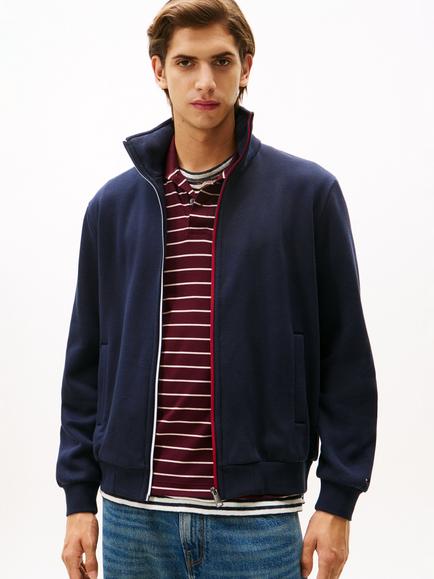 Tommy Hilfiger Global Stripe Cotton Blend Funnel Neck Zip Jumper, Desert Sky