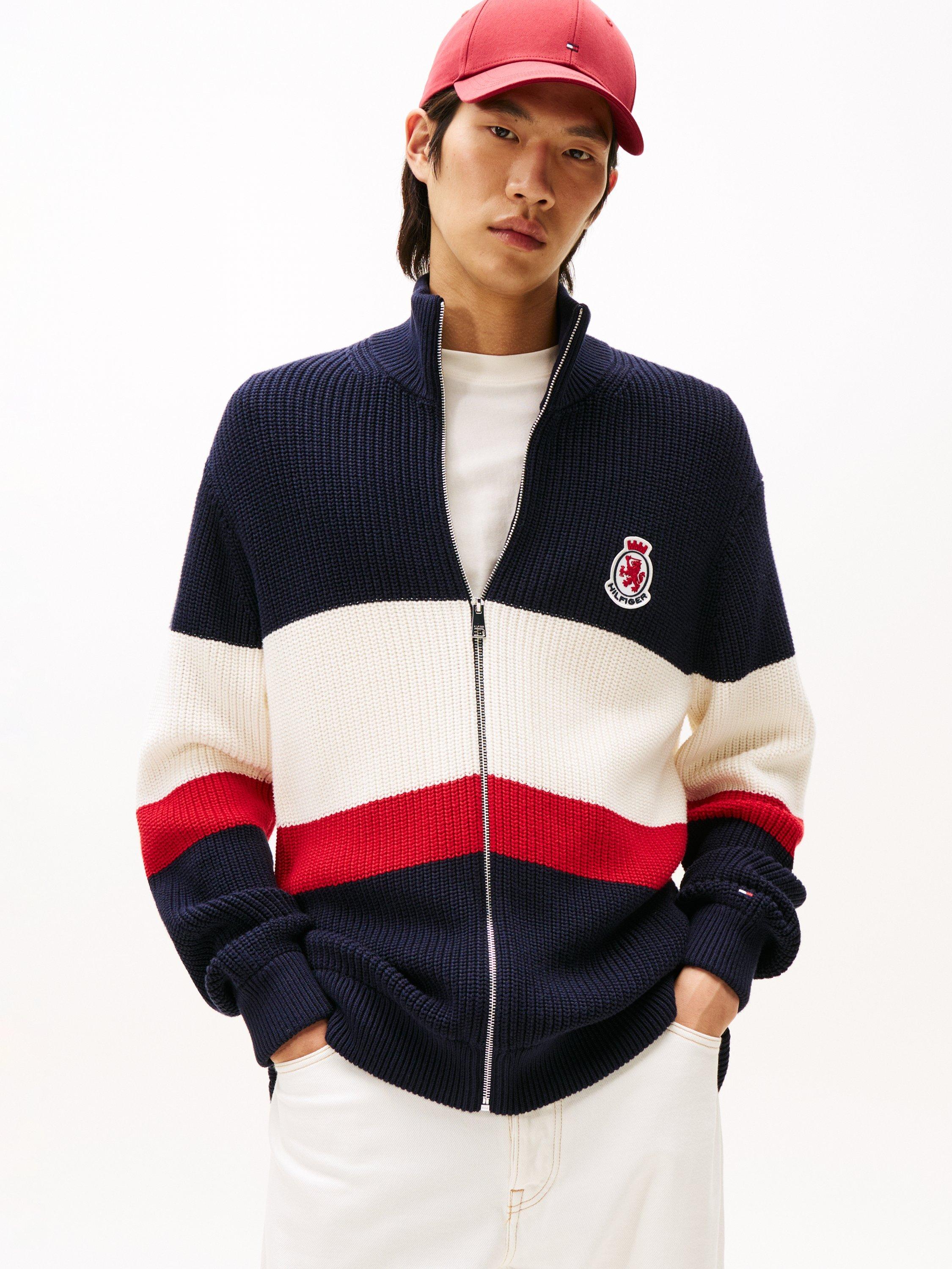 Product image 1 of 6, which shows Tommy Hilfiger Zip Through Colour Block Ribbed Cotton Knit Jumper, Multi, XS