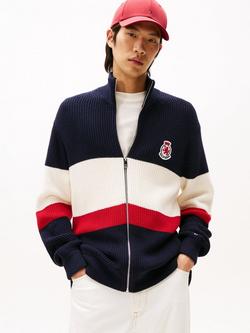 Tommy Hilfiger Zip Through Colour Block Ribbed Cotton Knit Jumper, Multi, Multi