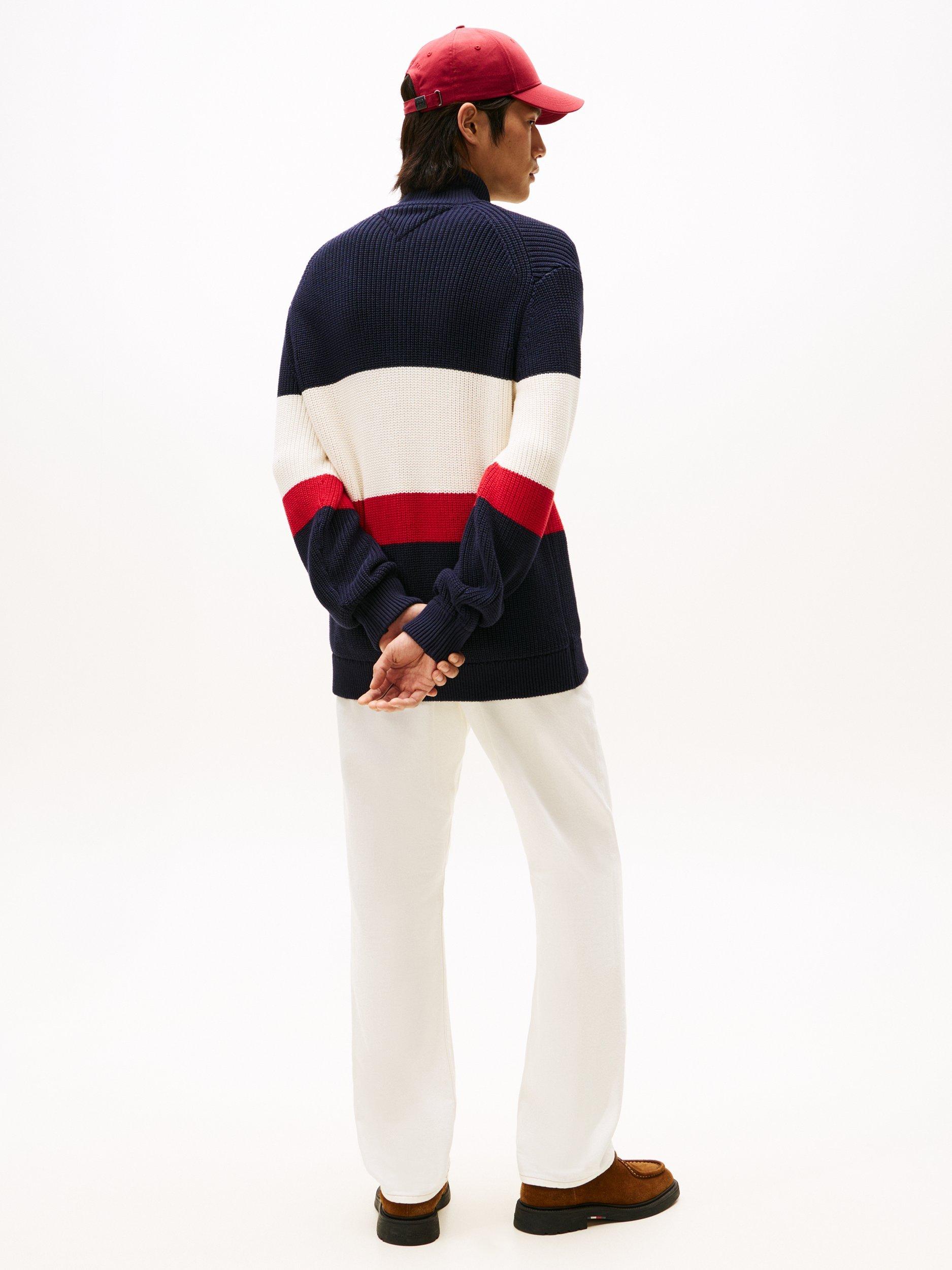 Product image 2 of 6, which shows Tommy Hilfiger Zip Through Colour Block Ribbed Cotton Knit Jumper, Multi, XS
